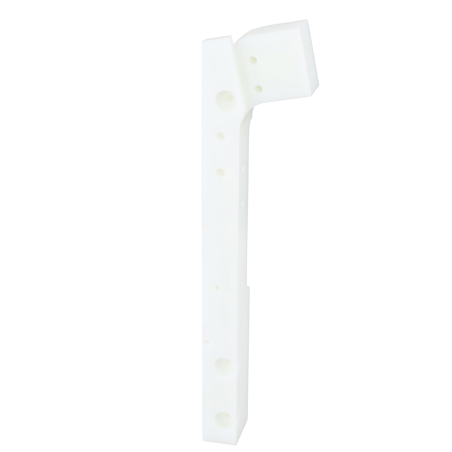 Machined HDPE lid chute part with multiple holes shown on white background.