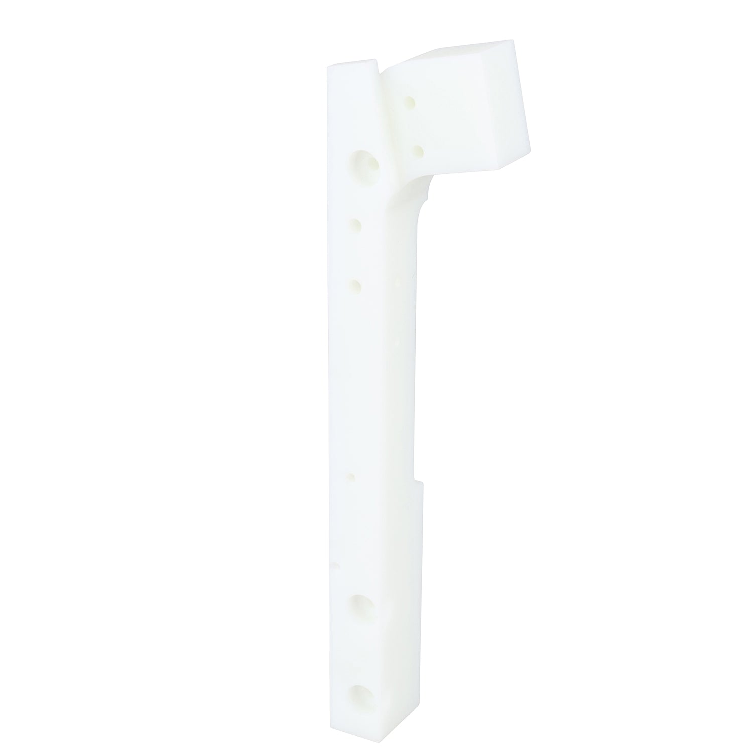 Machined HDPE lid chute part with multiple holes shown on white background.