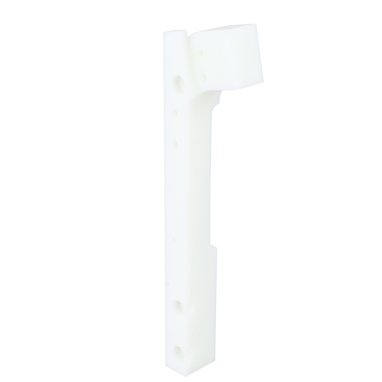 Machined HDPE lid chute part with multiple holes shown on white background.