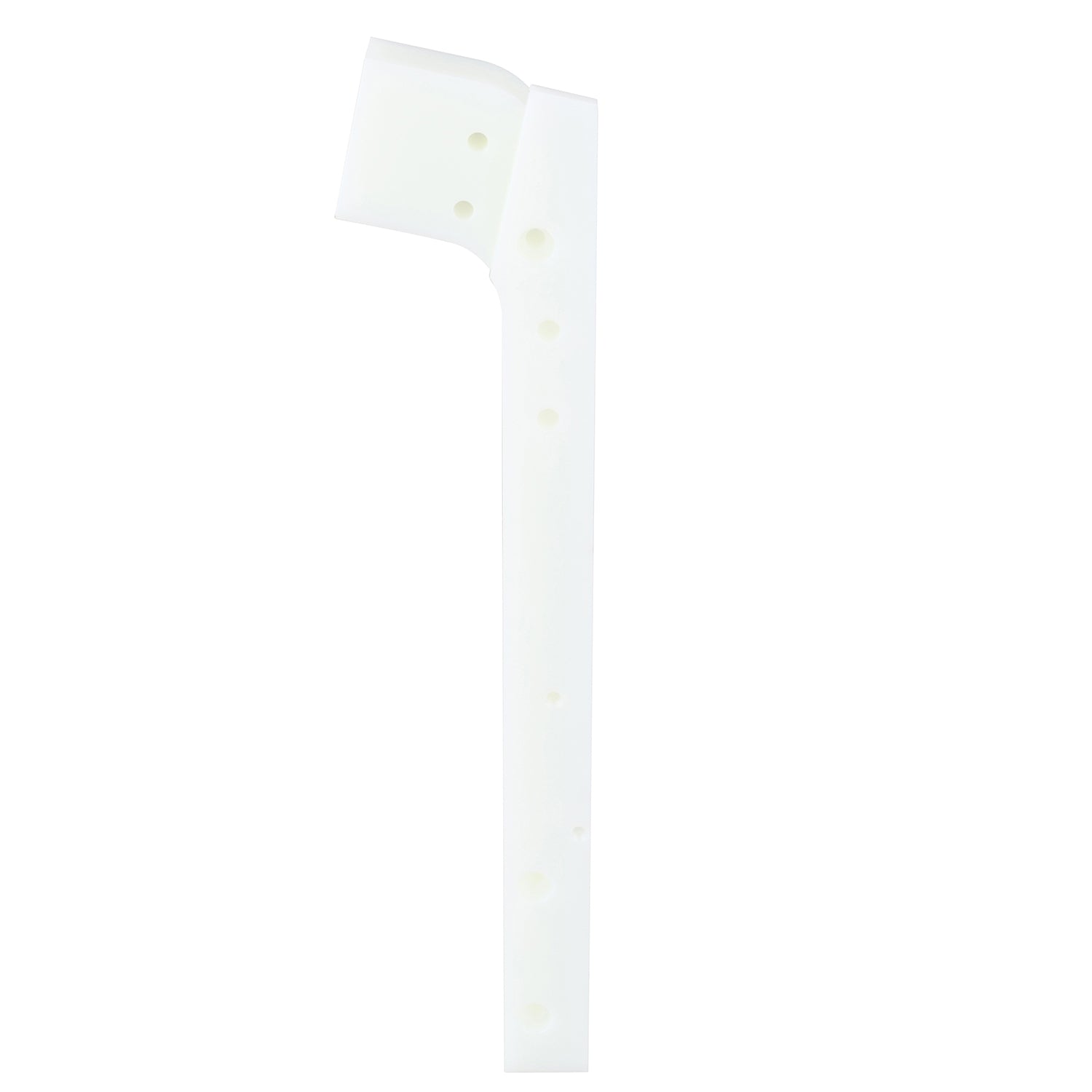 Machined, white HDPE lid chute part with multiple holes on white background.