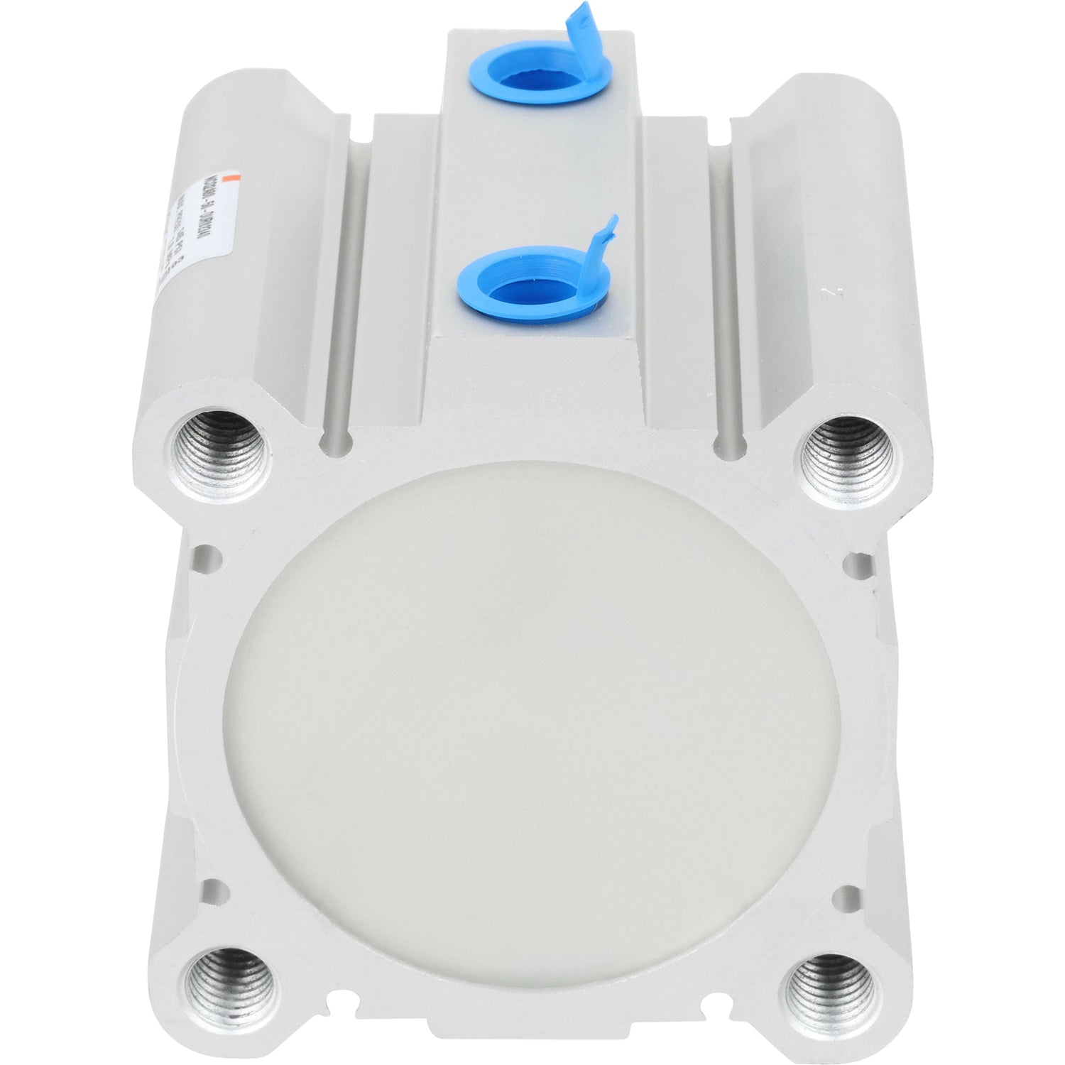 Square air cylinder with threaded holes on each corner and blue push caps on white background.