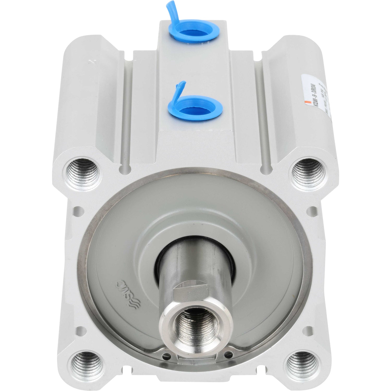 Square air cylinder with threaded holes on each corner and blue push caps on white background.