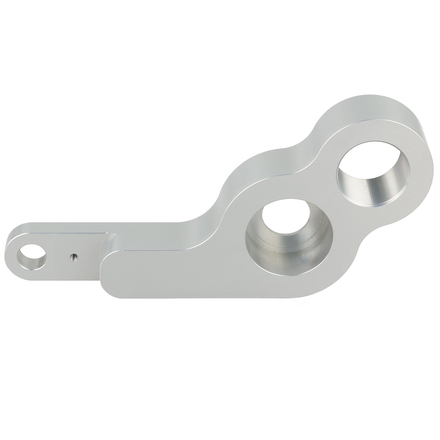 Grey machined 1st op swing arm part made of anodized aluminum on white background.