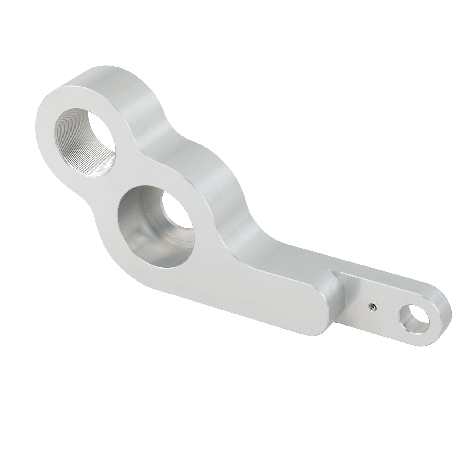 Grey machined swing arm part made of anodized aluminum on white background.