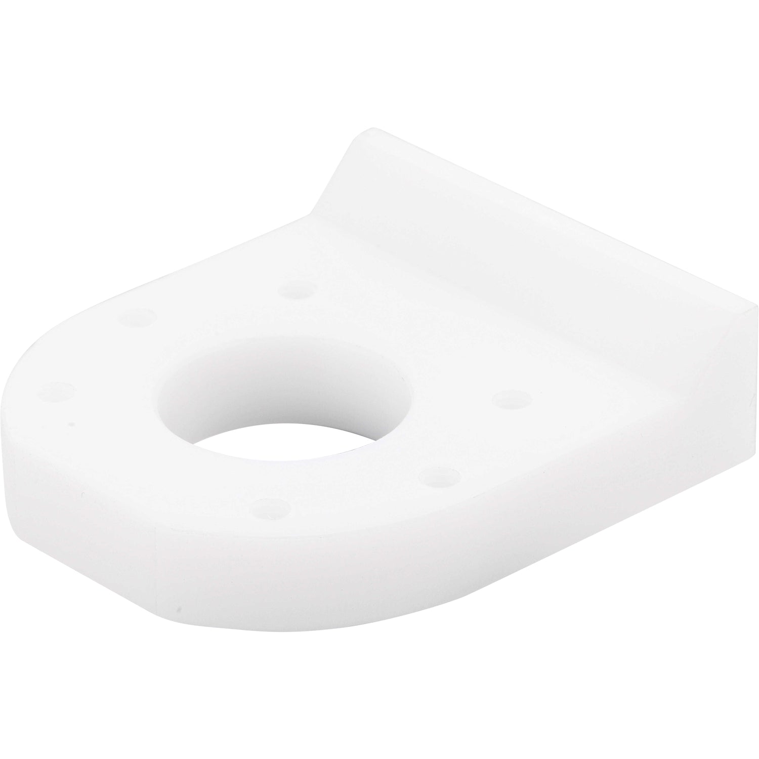 White machined plastic wedge part with  four small mounting holes and one larger center hole. Part shown on white background.