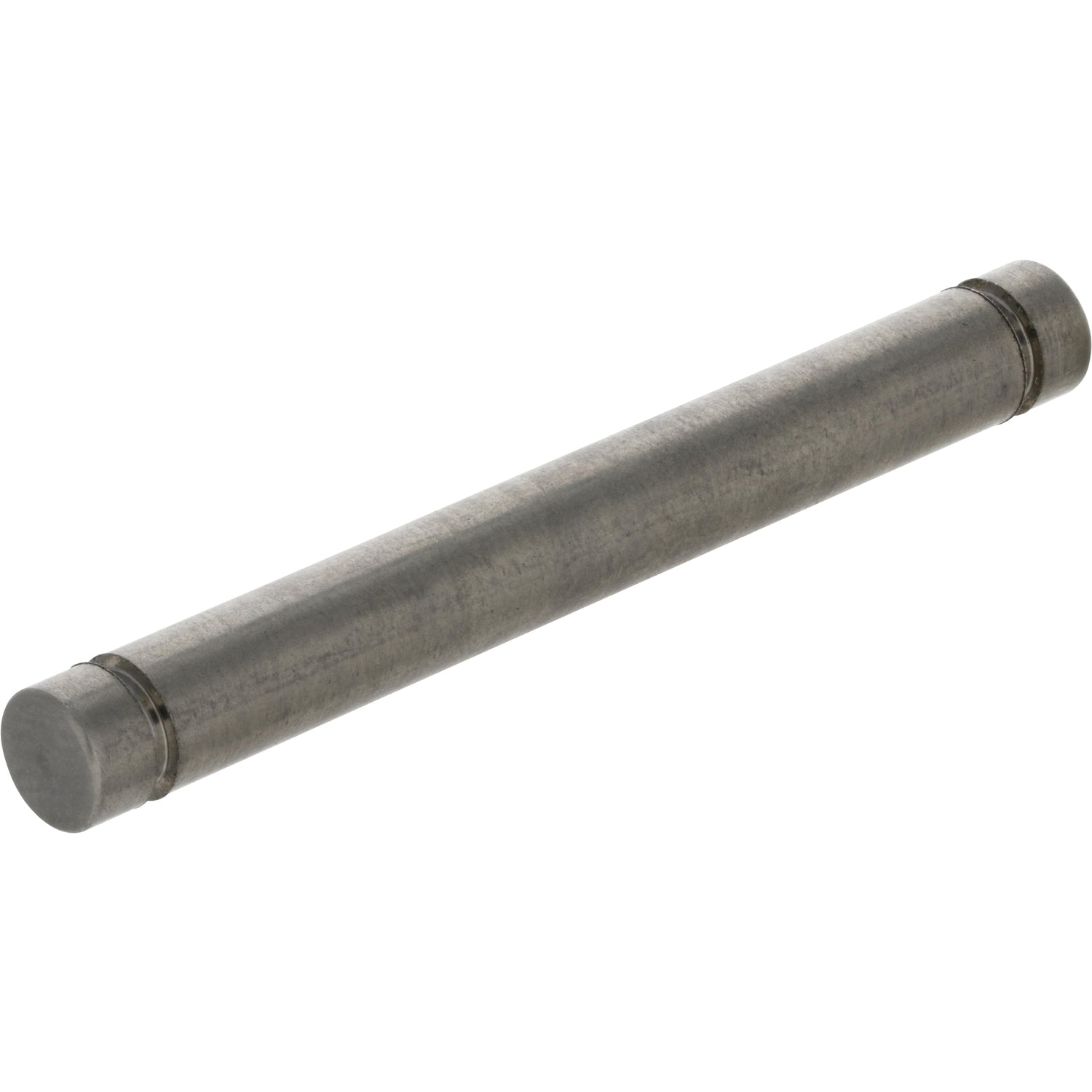 Small stainless steel rod with grooves cut into each end on white background.