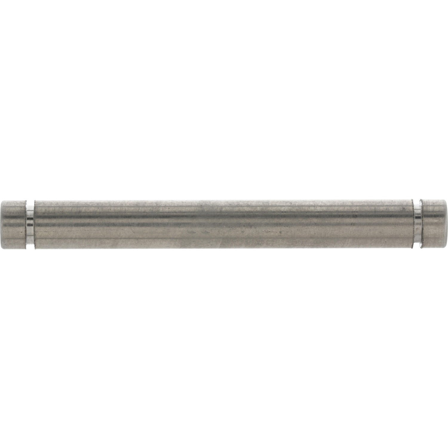 Small stainless steel rod with grooves cut into each end on white background.