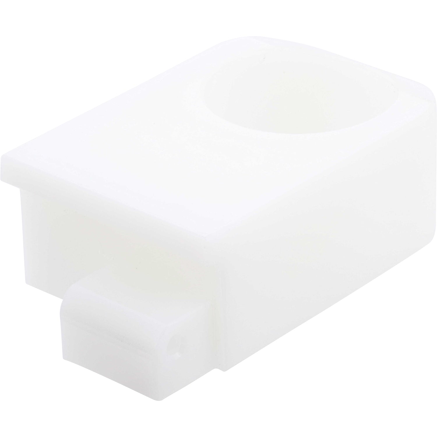 White plastic machined part with sensor mounting hole on white background.