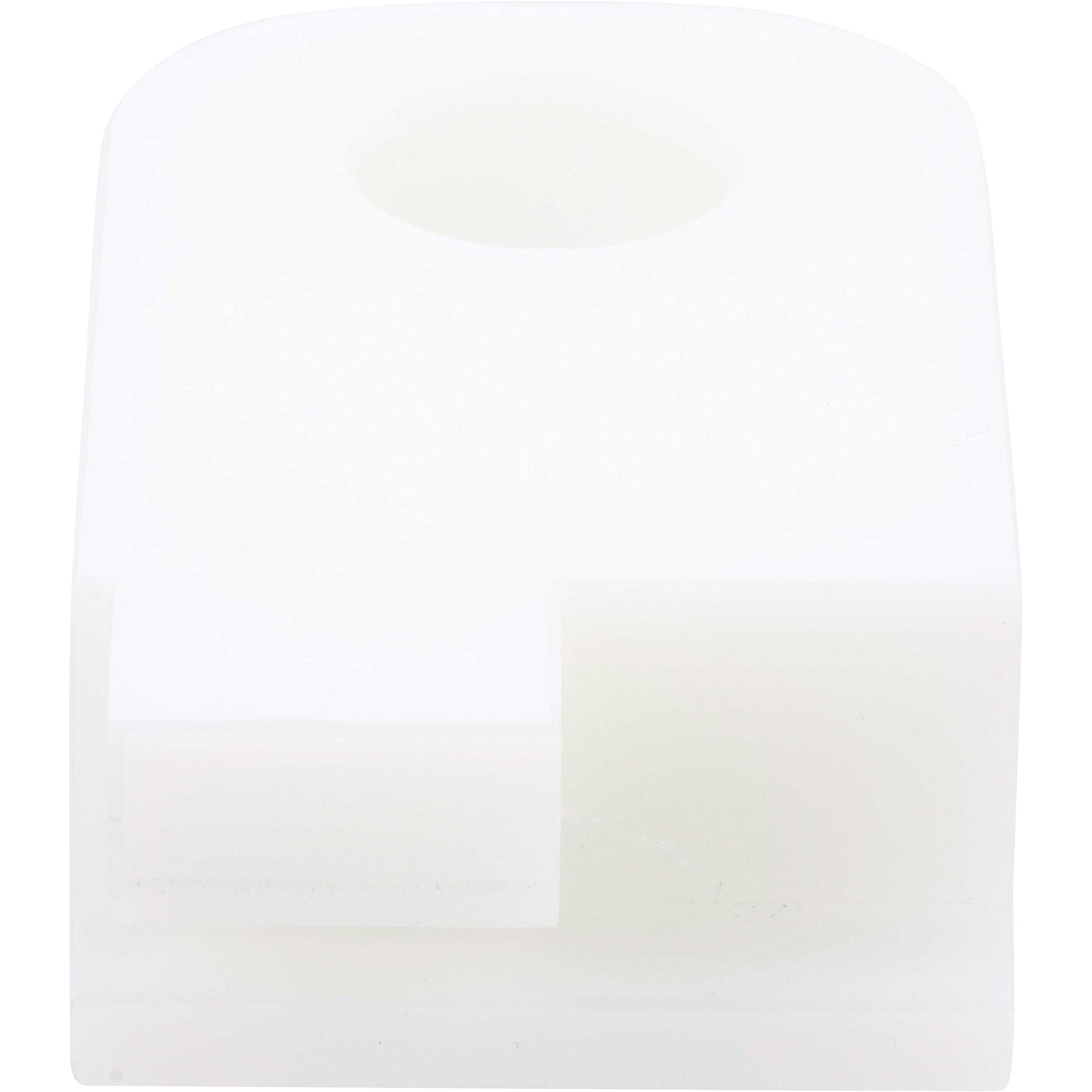 White plastic machined part with sensor mounting hole on white background.