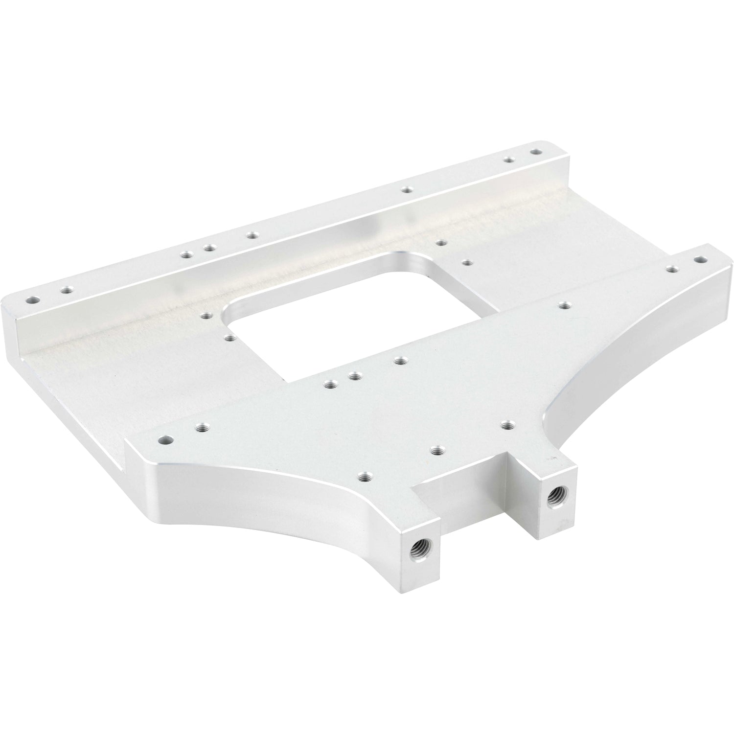 Machined grey hard anodized aluminum part with multiple threaded holes shown on white background.