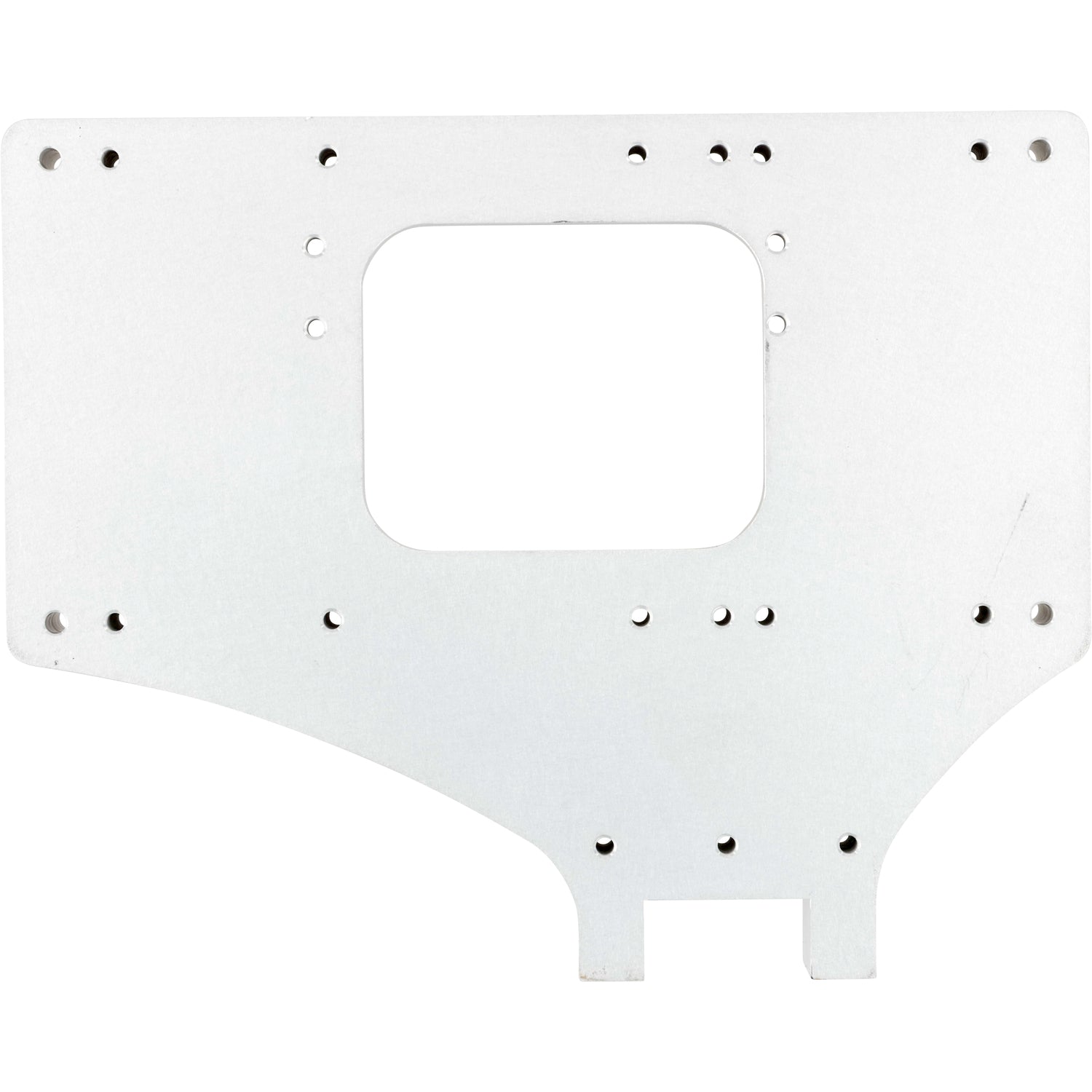 Machined grey hard anodized aluminum part with multiple threaded holes shown on white background.