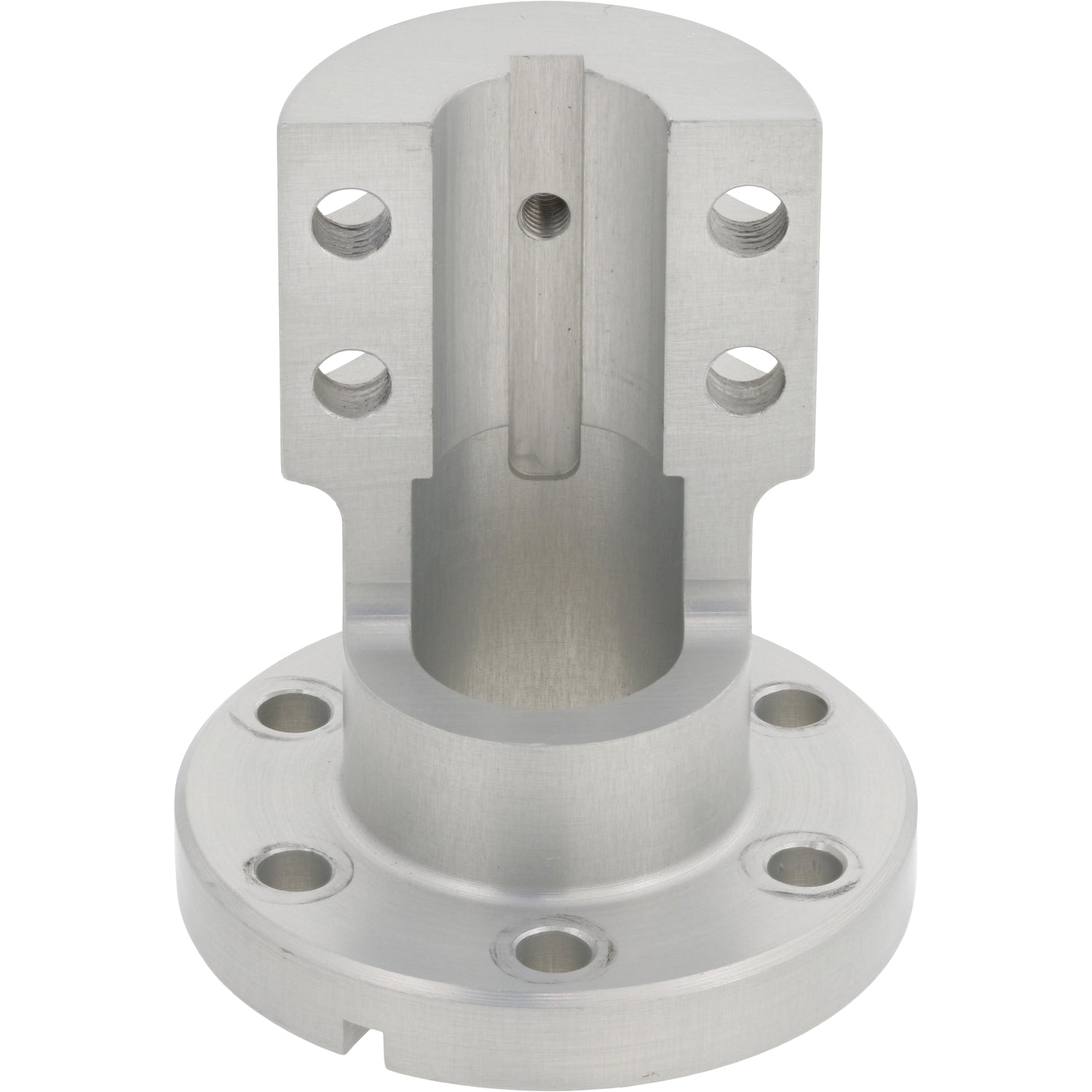 Machined aluminum spindle part with multiple threaded mounting holes on white background.