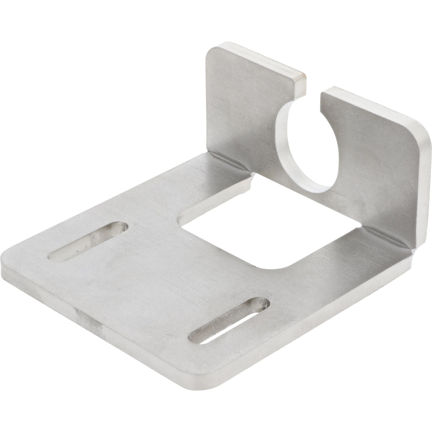 Rectangular stainless steel part with 90 degree bend. The part has multiple holes cut into it and is shown on a white background.