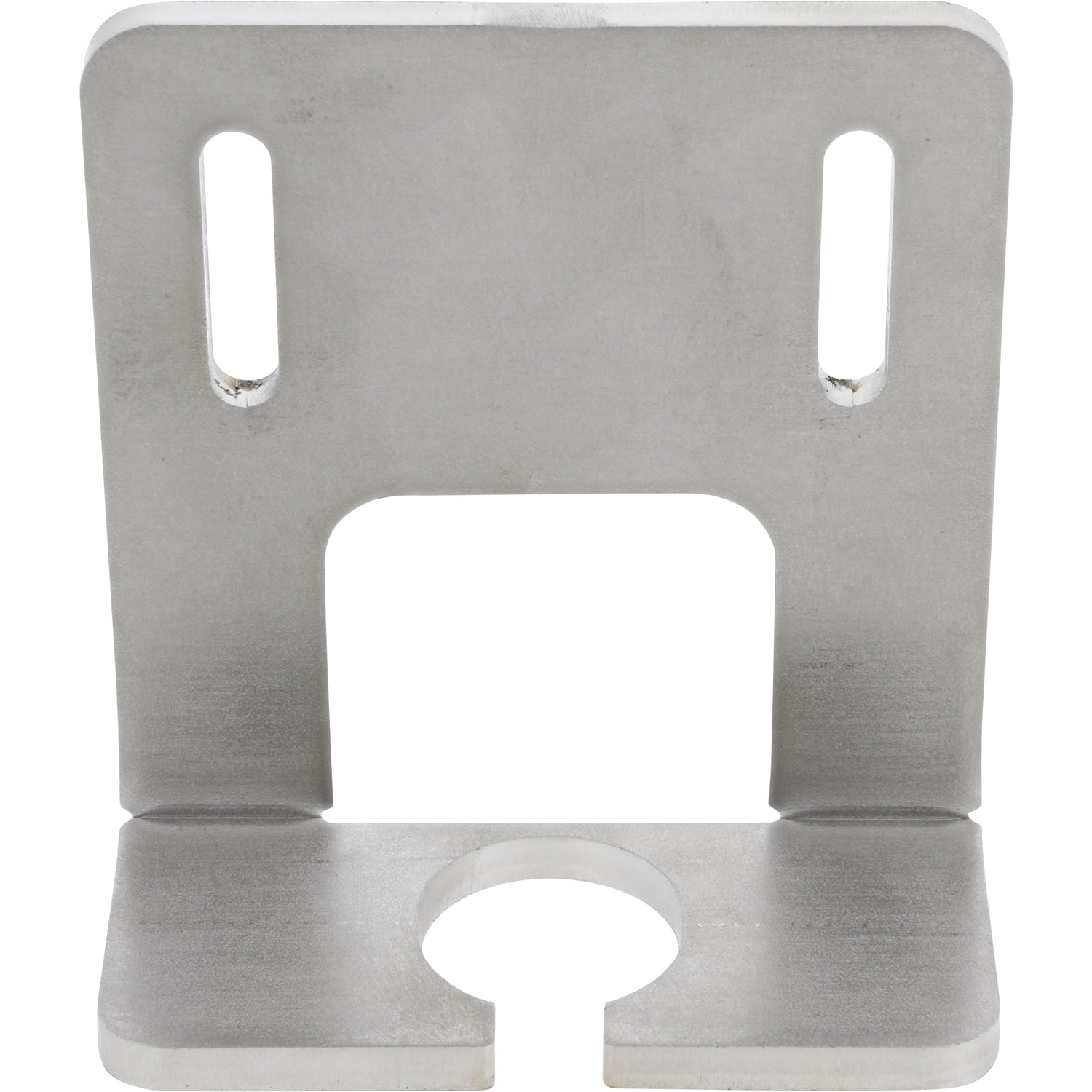Rectangular stainless steel part with 90 degree bend. The part has multiple holes cut into it and is shown on a white background.