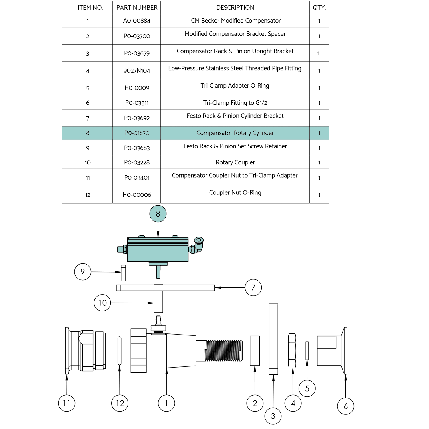 An exploded view drawing of an assembly on a white background with the Compensator Rotary Cylinder highlighted an aqua color.