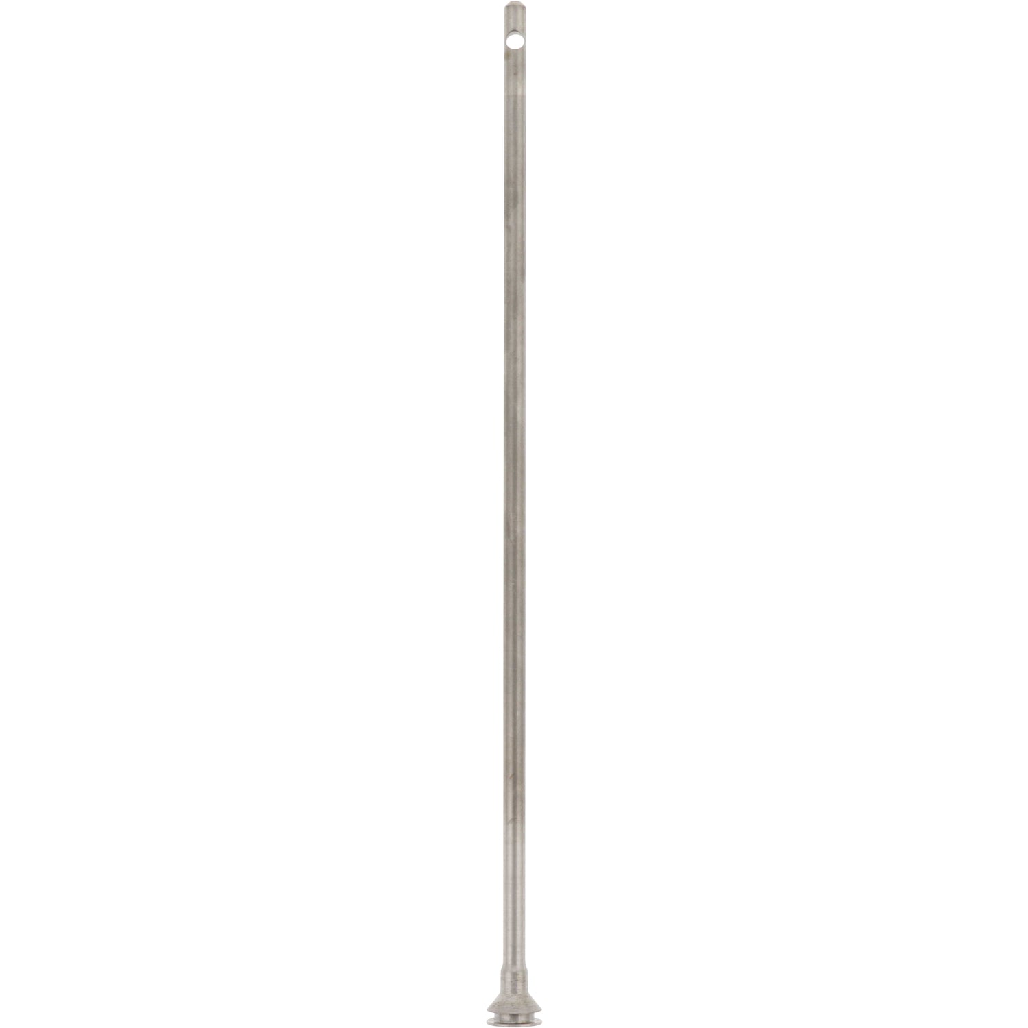 Stainless steel rod with through hole on one end and a grooved metal flange on the other. Part shown on white background.