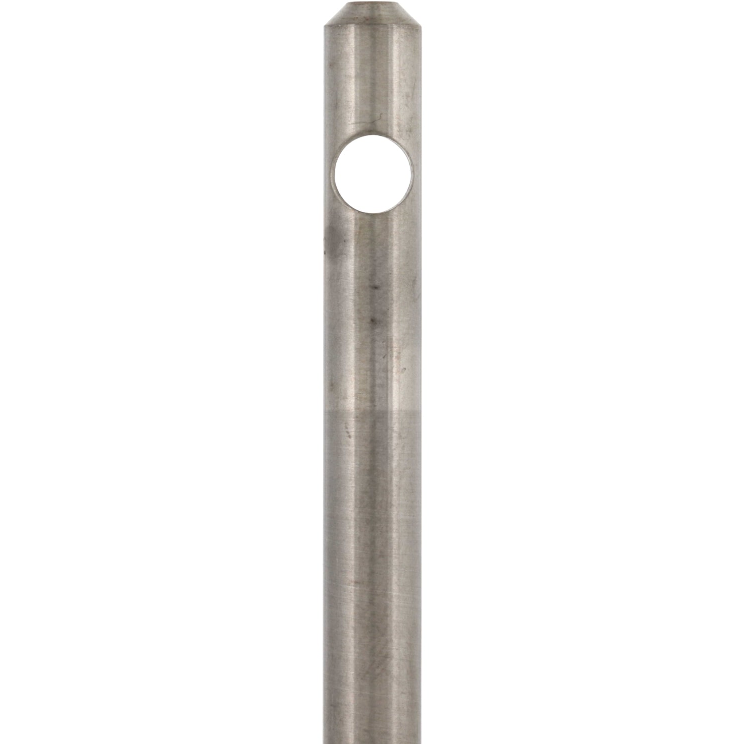 Stainless steel rod with through hole on white background.