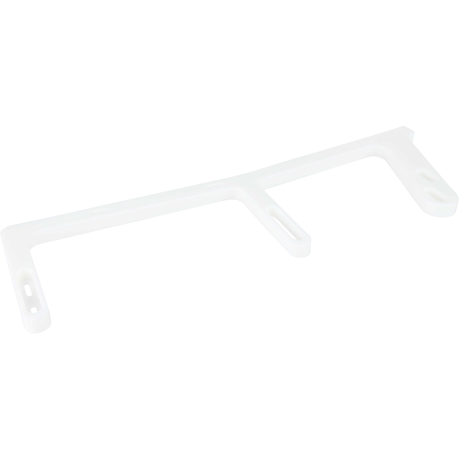 Machined white HDPE rail with three posts and holes used for mounting. Shown on white background.