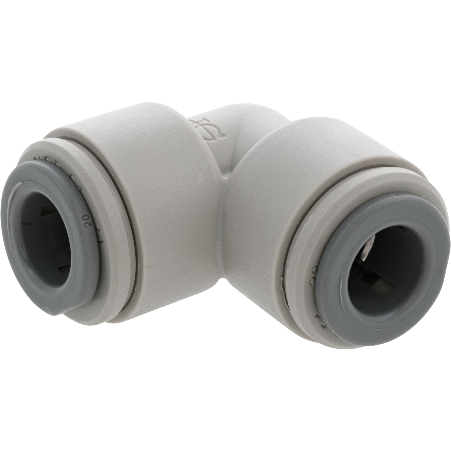 Grey, 90 degree push-to-connect fitting on white background.