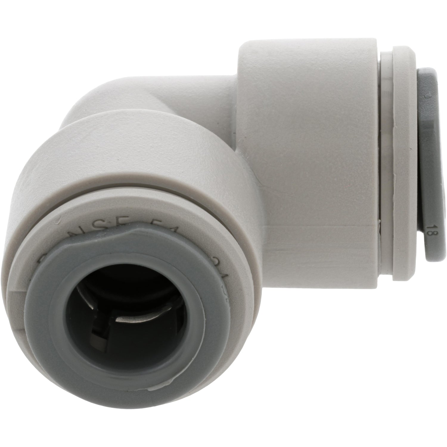 Grey, 90 degree push-to-connect fitting on white background.