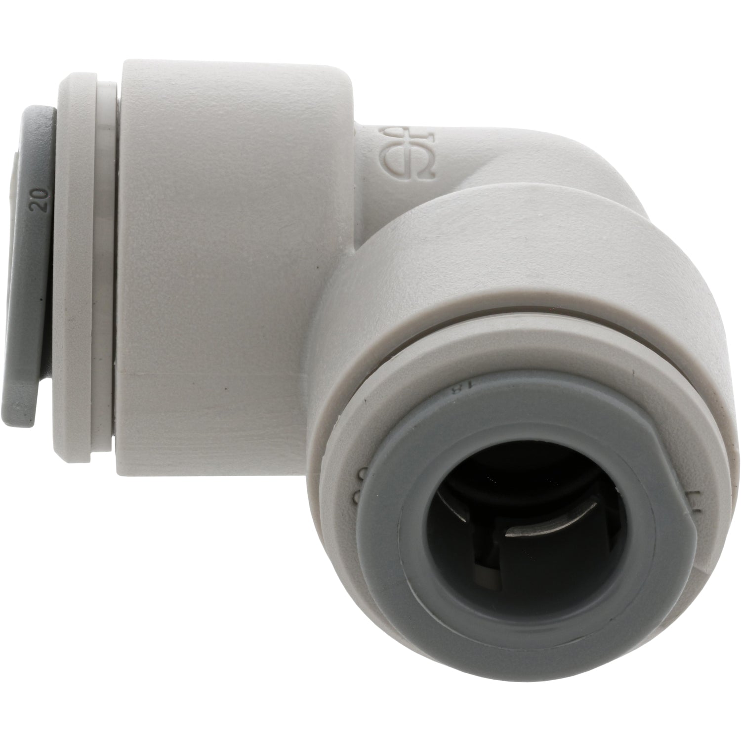 Grey, 90 degree push-to-connect fitting on white background.