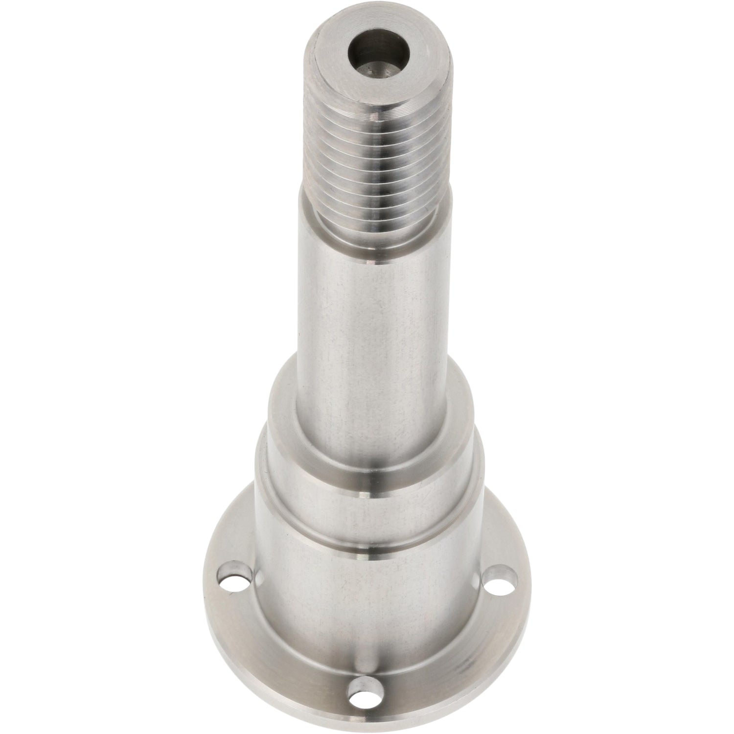 Stainless steel pivot shaft with threaded end on white background.