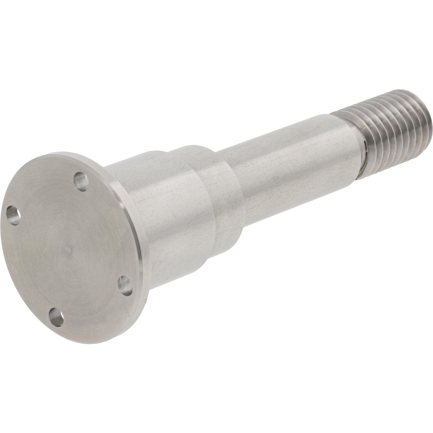 Stainless steel pivot shaft with threaded end on white background.