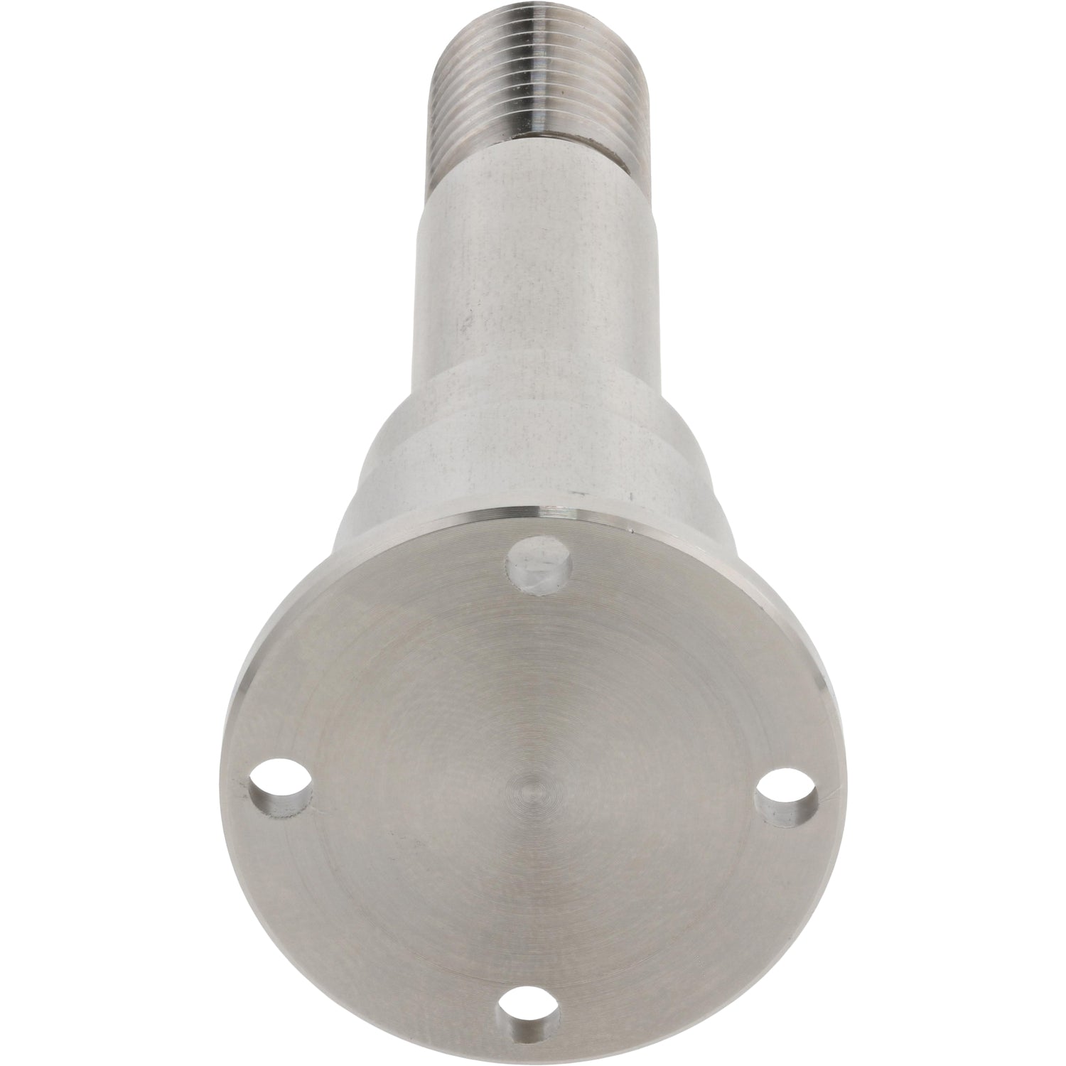 Stainless steel pivot shaft with threaded end on white background.
