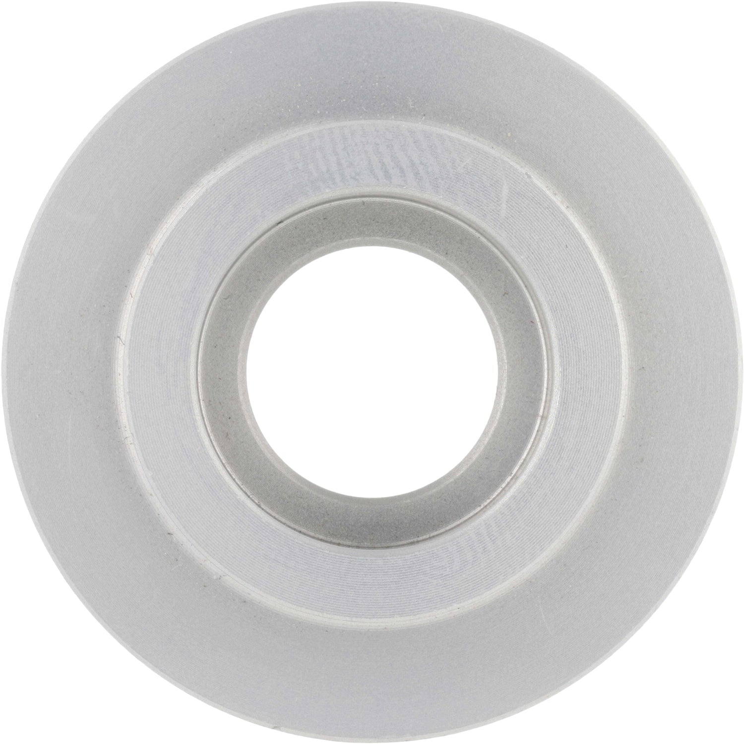Two tiered hard anodized aluminum disk spacer for swing arms on white background.