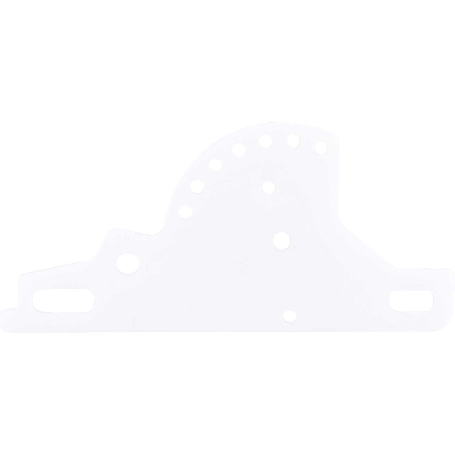 White plastic machined part with multiple holes shown on white background.
