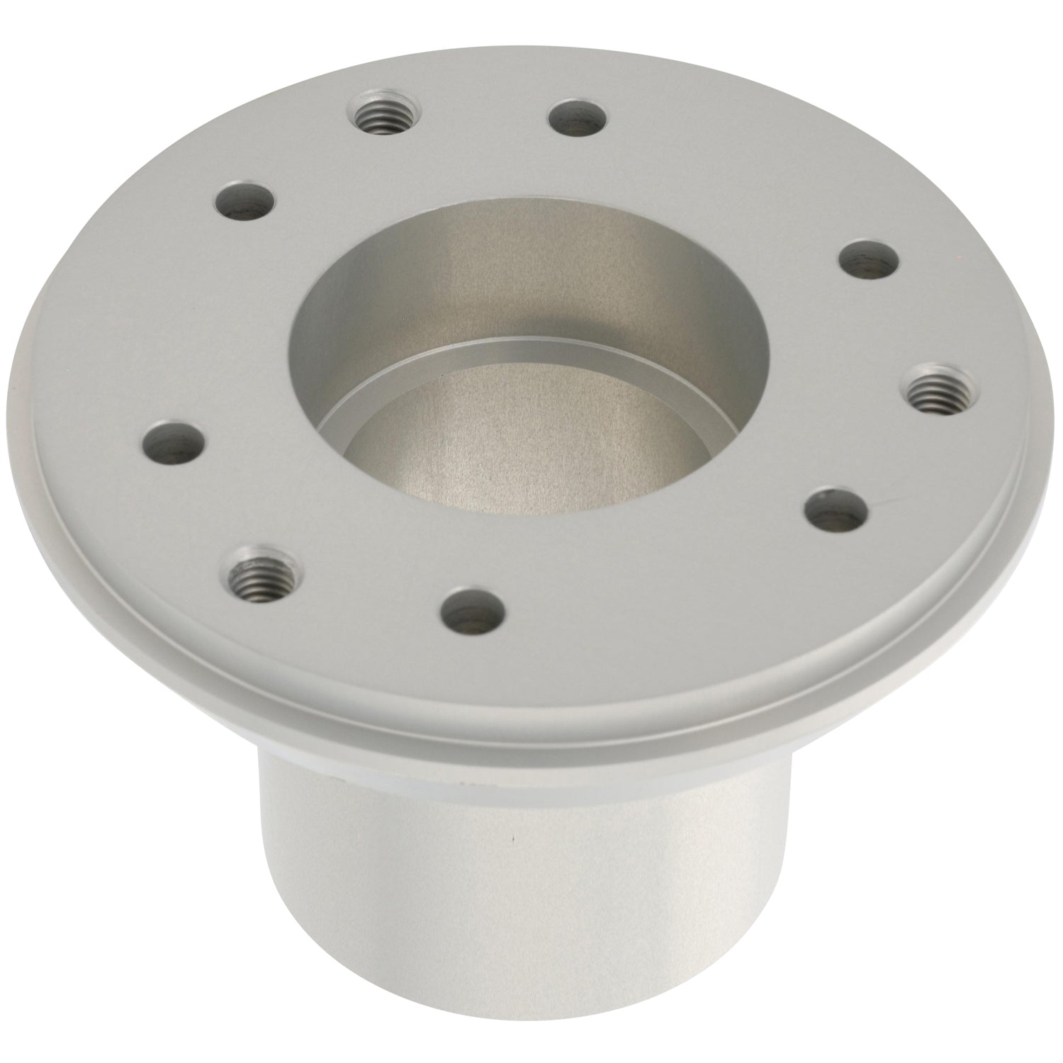 Aluminum bearing carrier with multiple threaded mounting holes shown on white background.