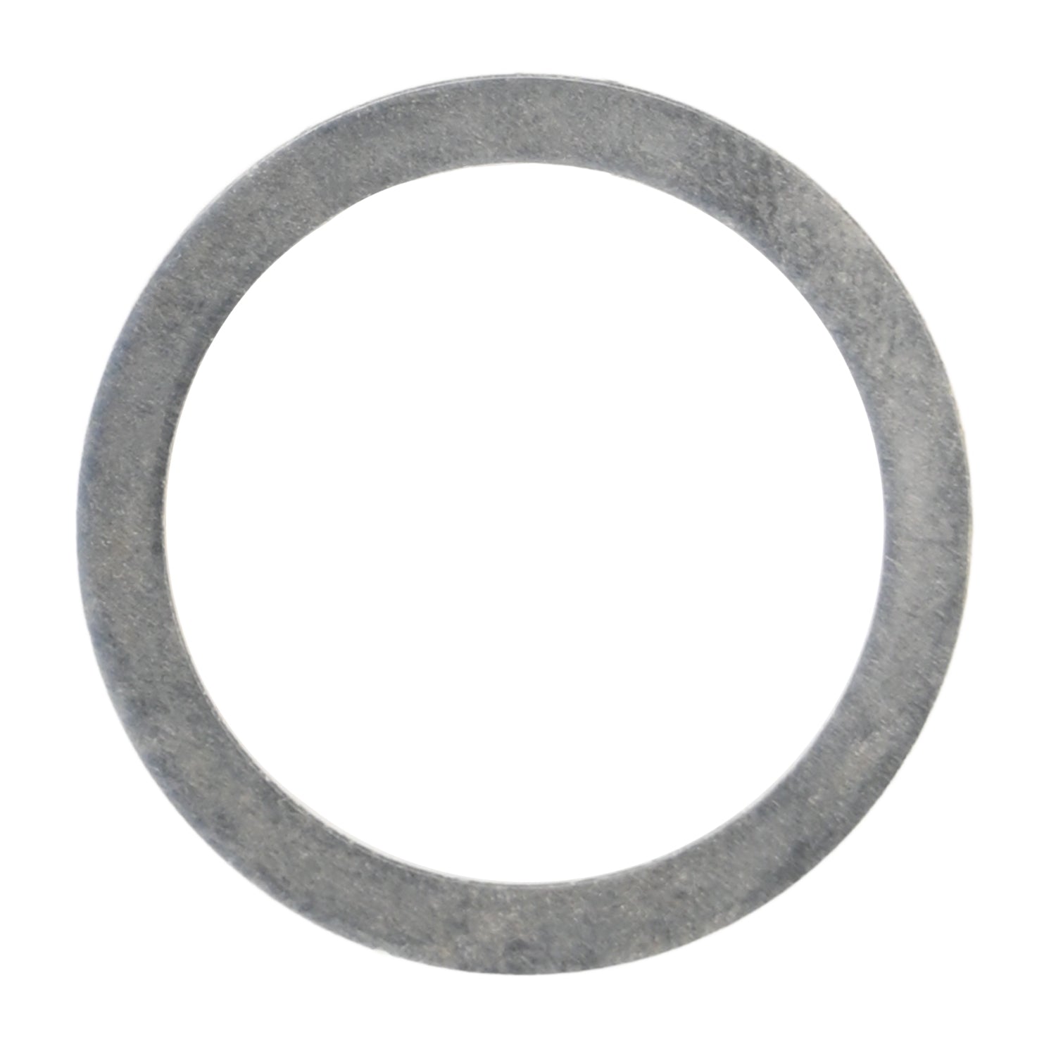 Flat, circular stainless steel shim on a white background.