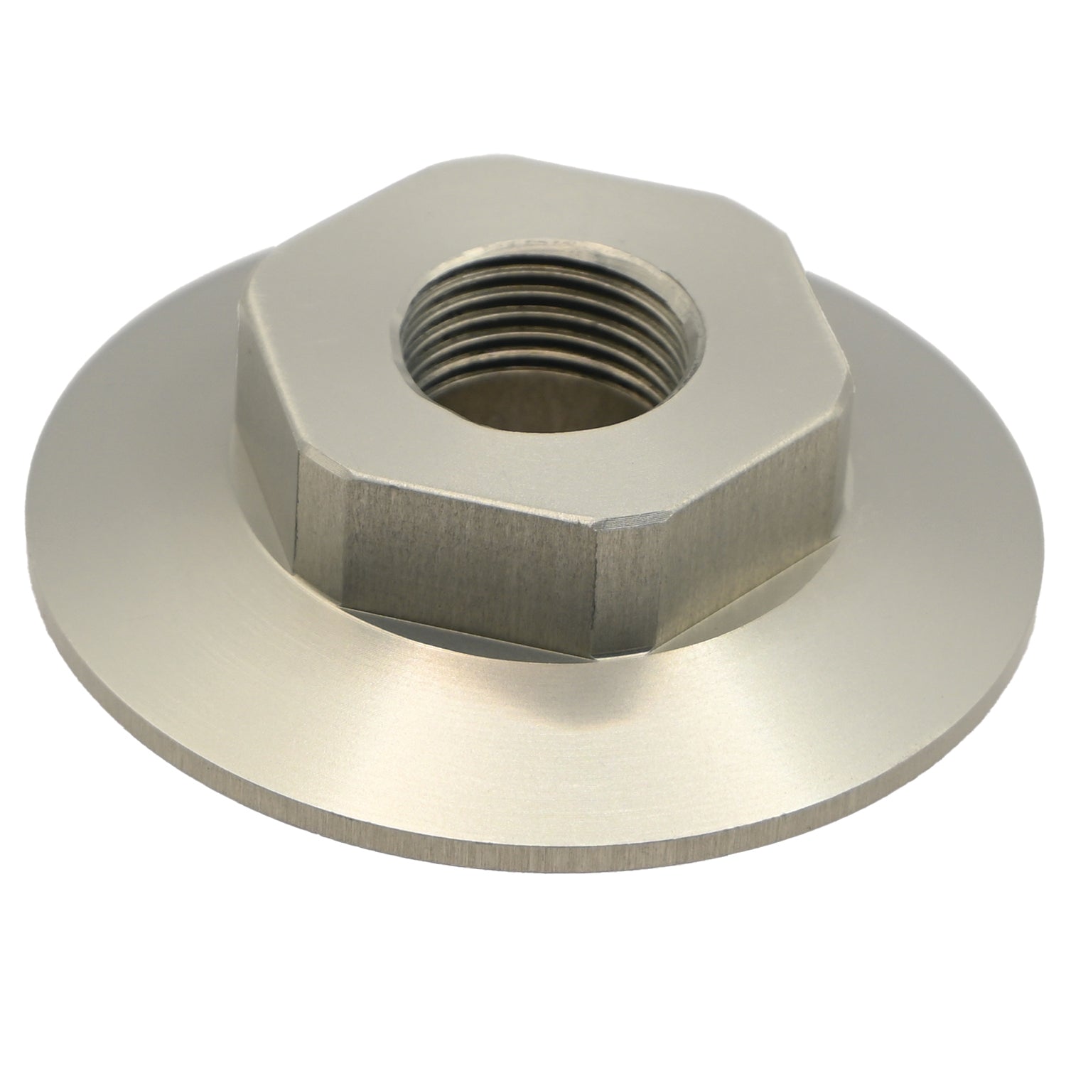 Grey hard anodized aluminum hex nut part with wide flange in middle of part shown on white background.
