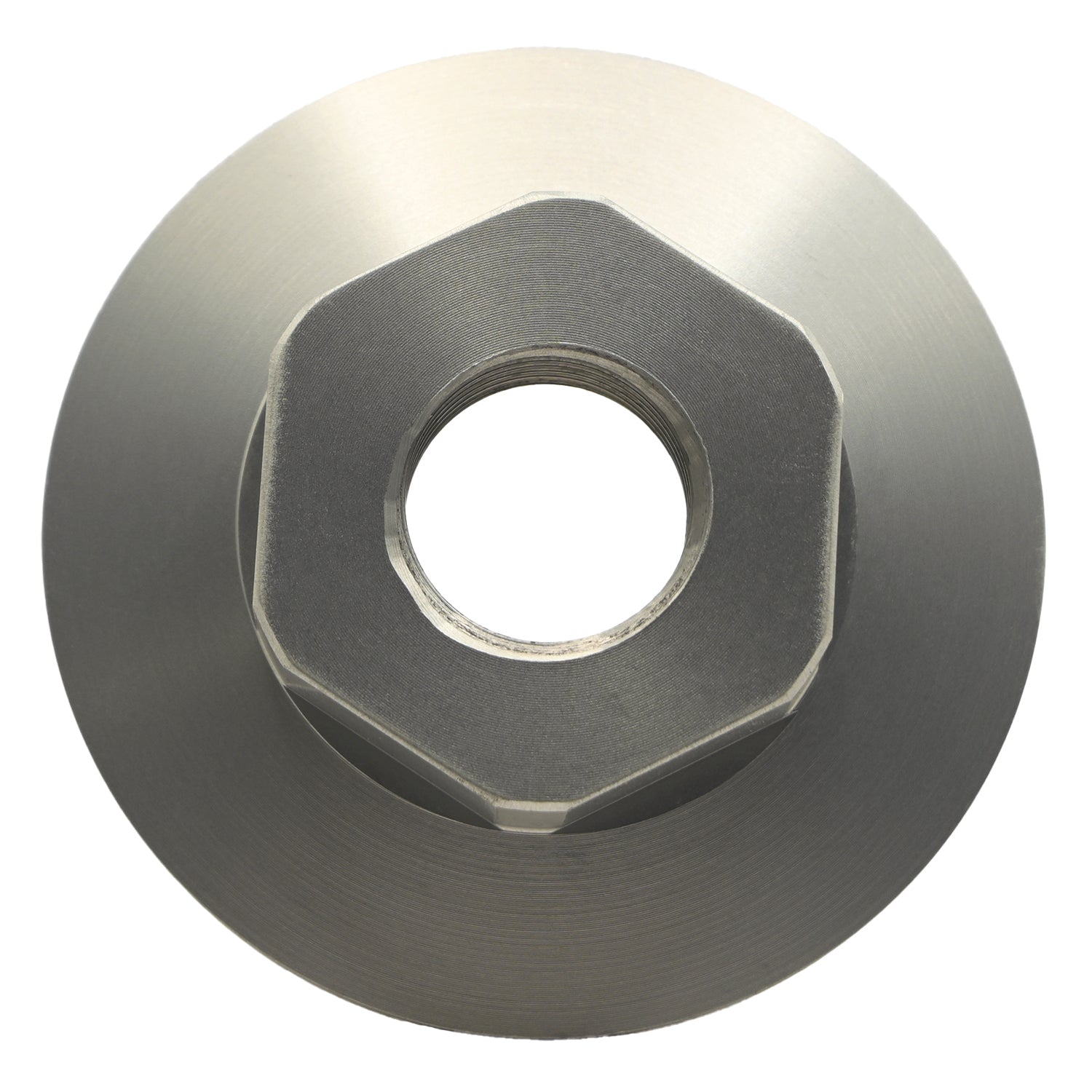 Grey hard anodized aluminum hex nut part with wide flange in middle of part shown on white background.