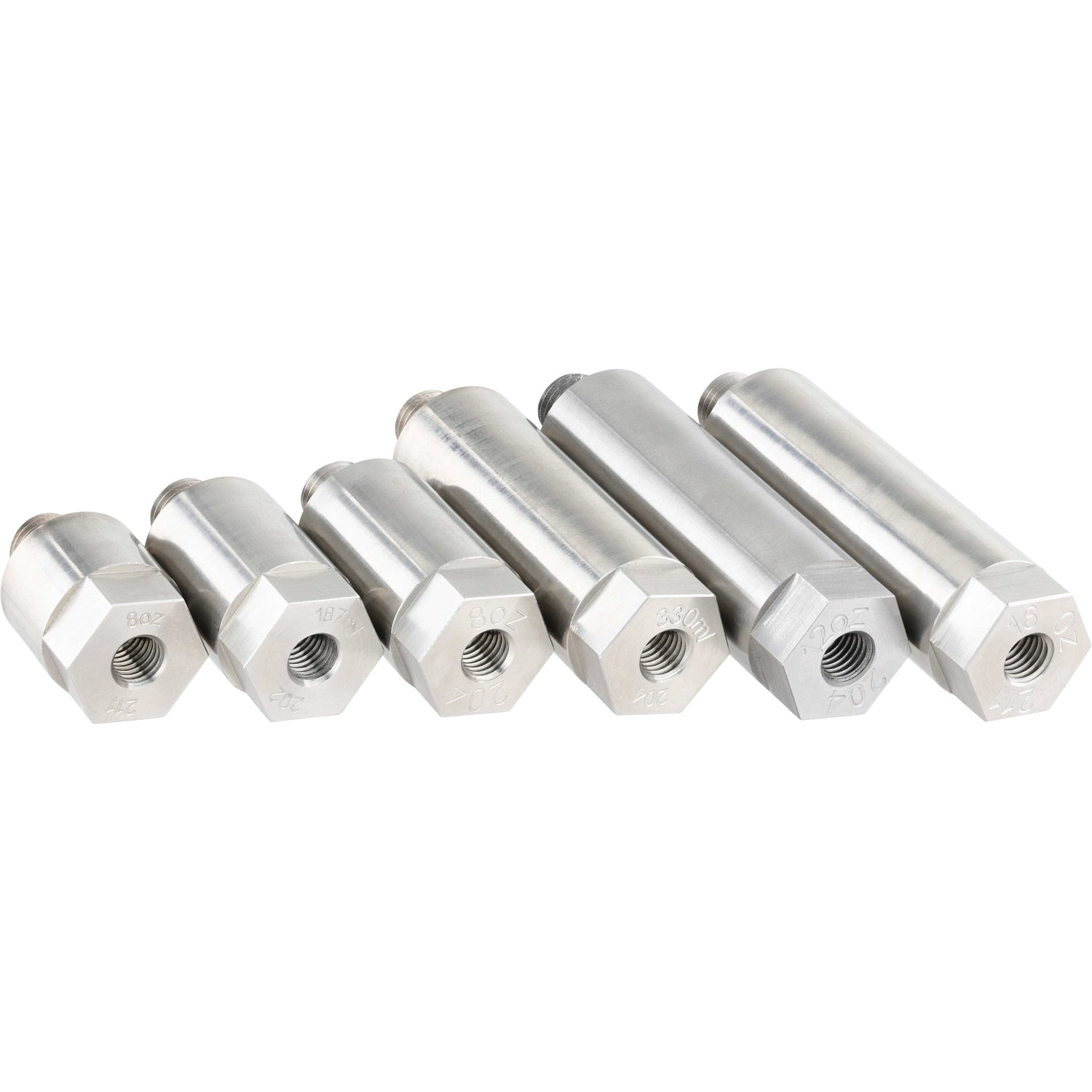An assortment deferent length stainless steel threaded standoffs on a white background.