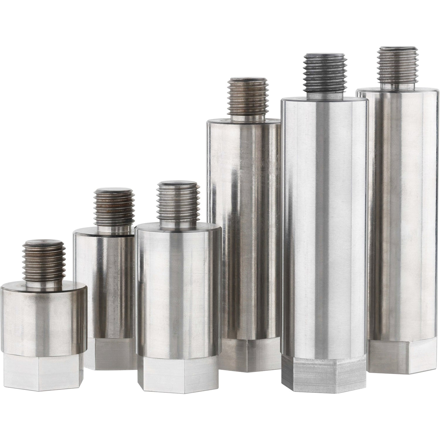 An assortment deferent length stainless steel threaded standoffs on a white background.