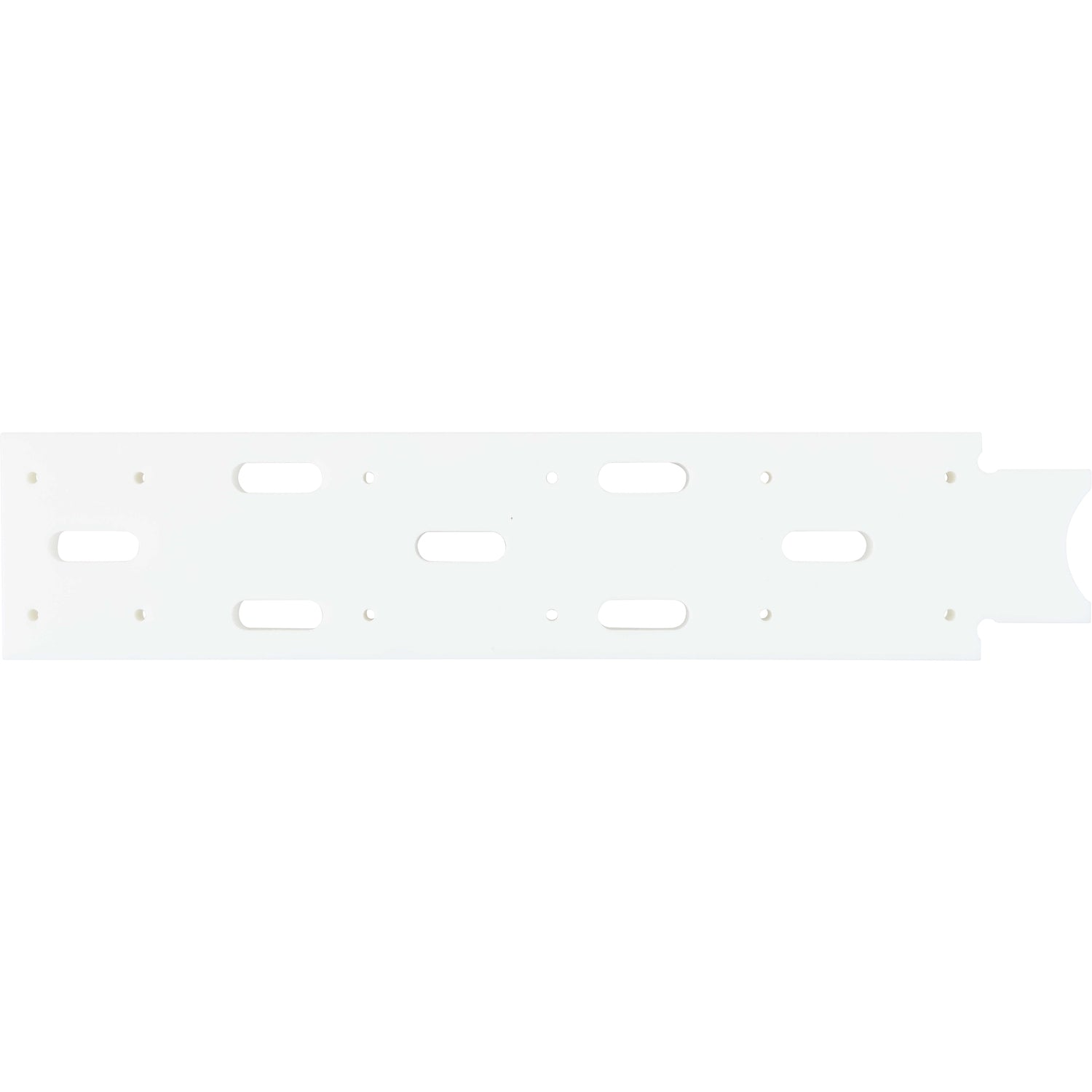 Flat white HDPE machined part with multiple holes cut into it. Part shown on white background.