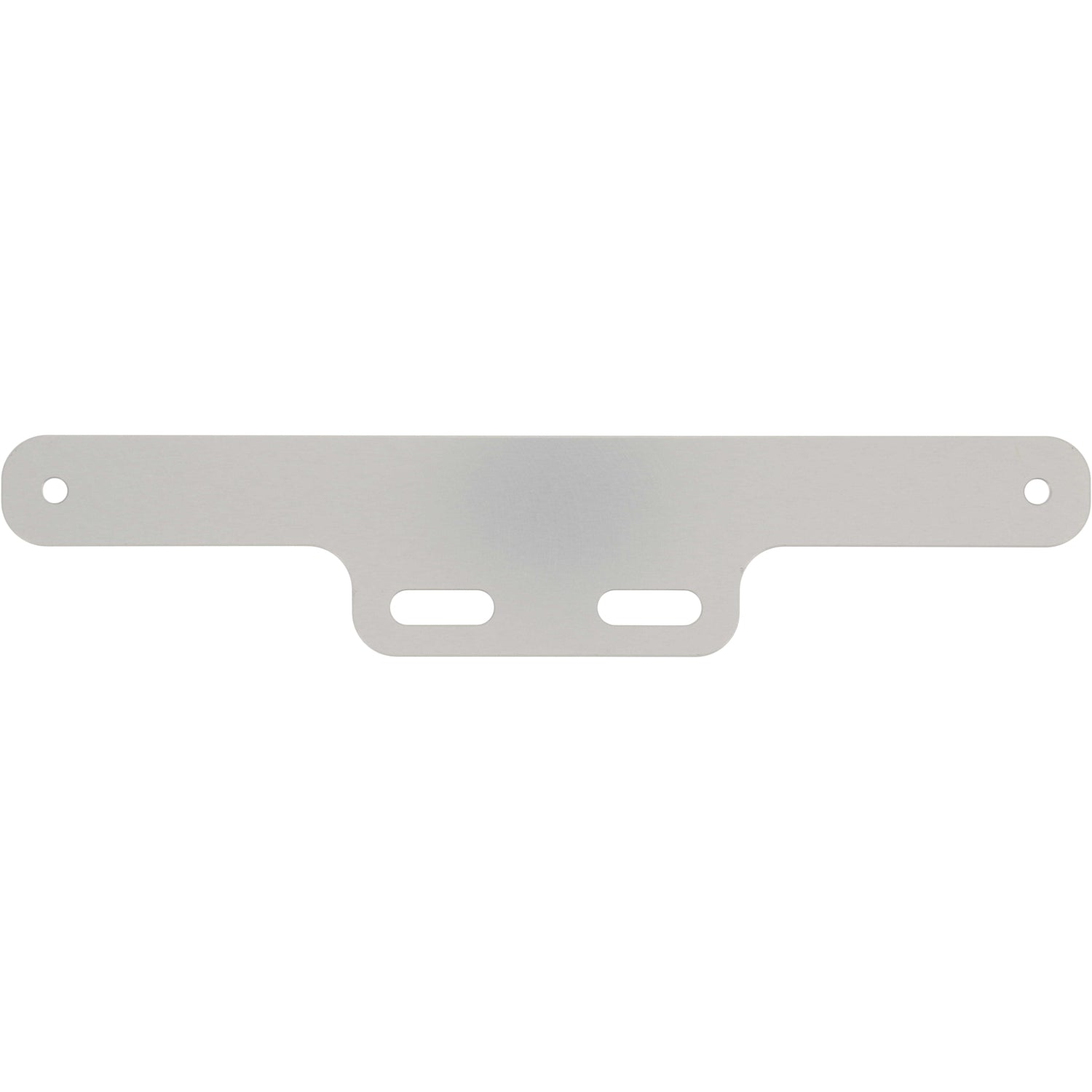 Grey hard anodized aluminum part with rounded edges and a recessed hole cut into each end. Two slotted holes are found on the part for mounting purposes. Part shown on white background.