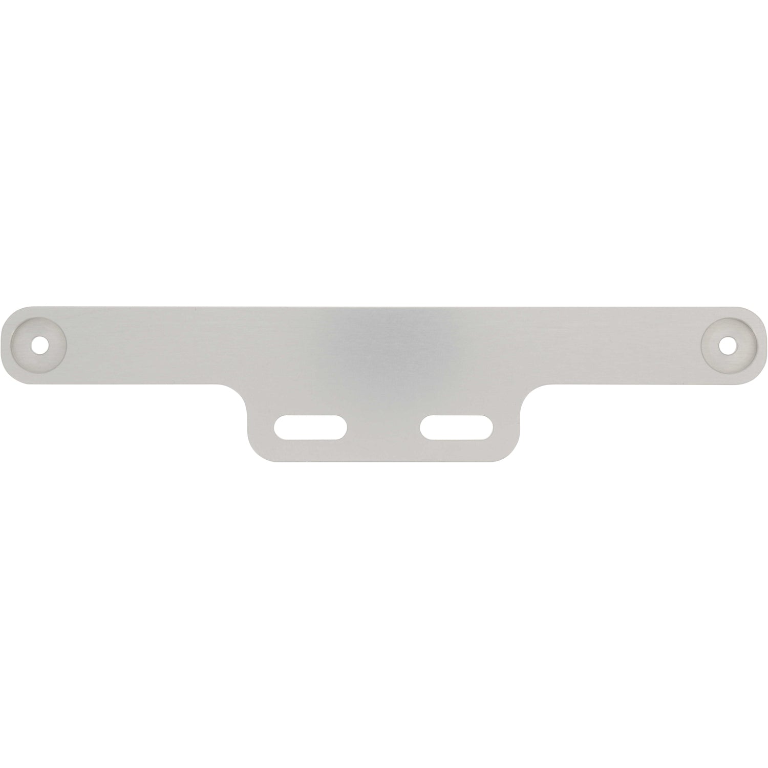 Grey hard anodized aluminum part with rounded edges and a recessed hole cut into each end. Two slotted holes are found on the part for mounting purposes. Part shown on white background.