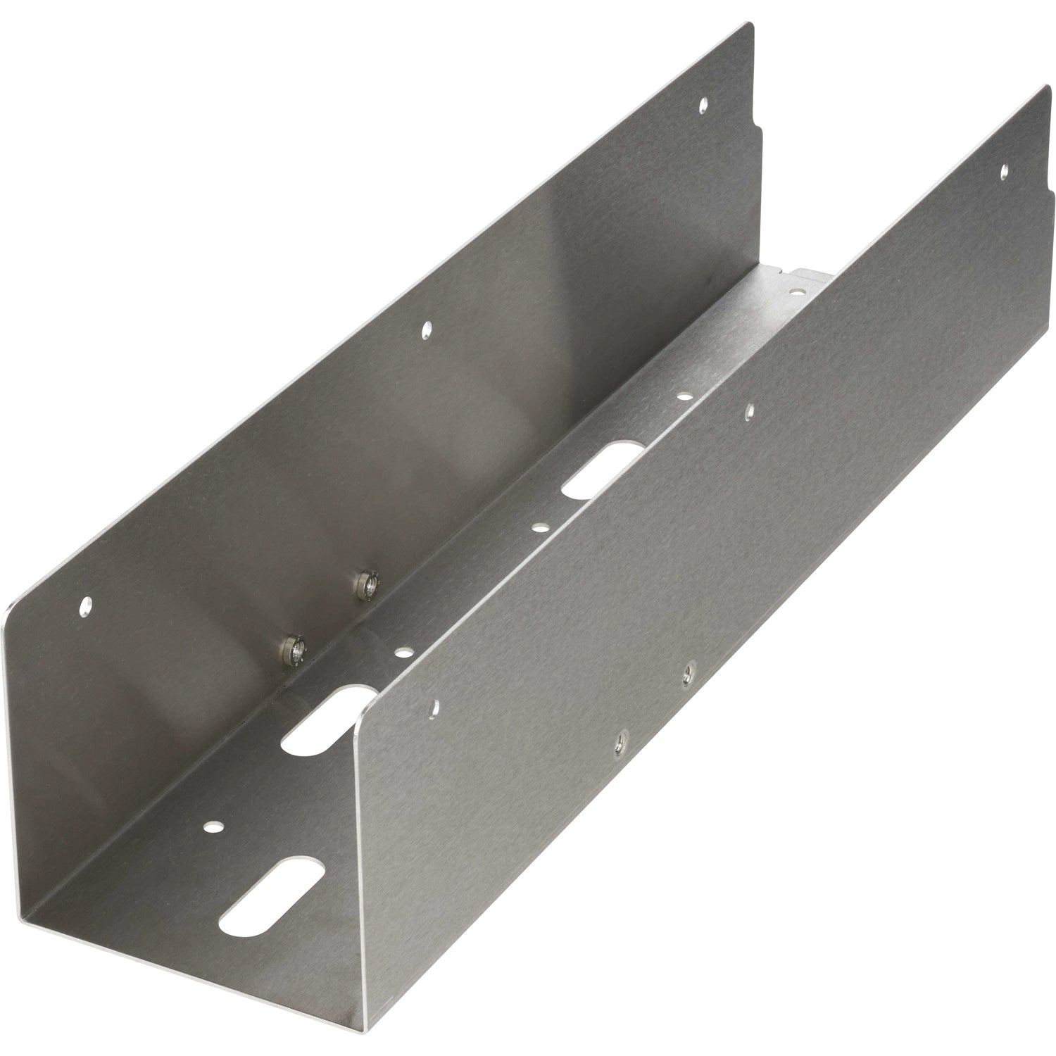 Bent stainless steel exit chute with drain holes and press fit nuts shown on white background.