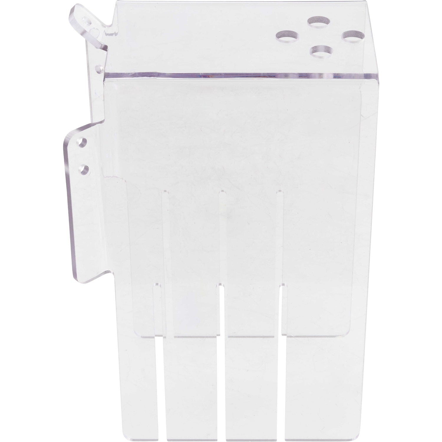 Bent, rectangular, clear polycarbonate part with multiple holes shown on a white background.