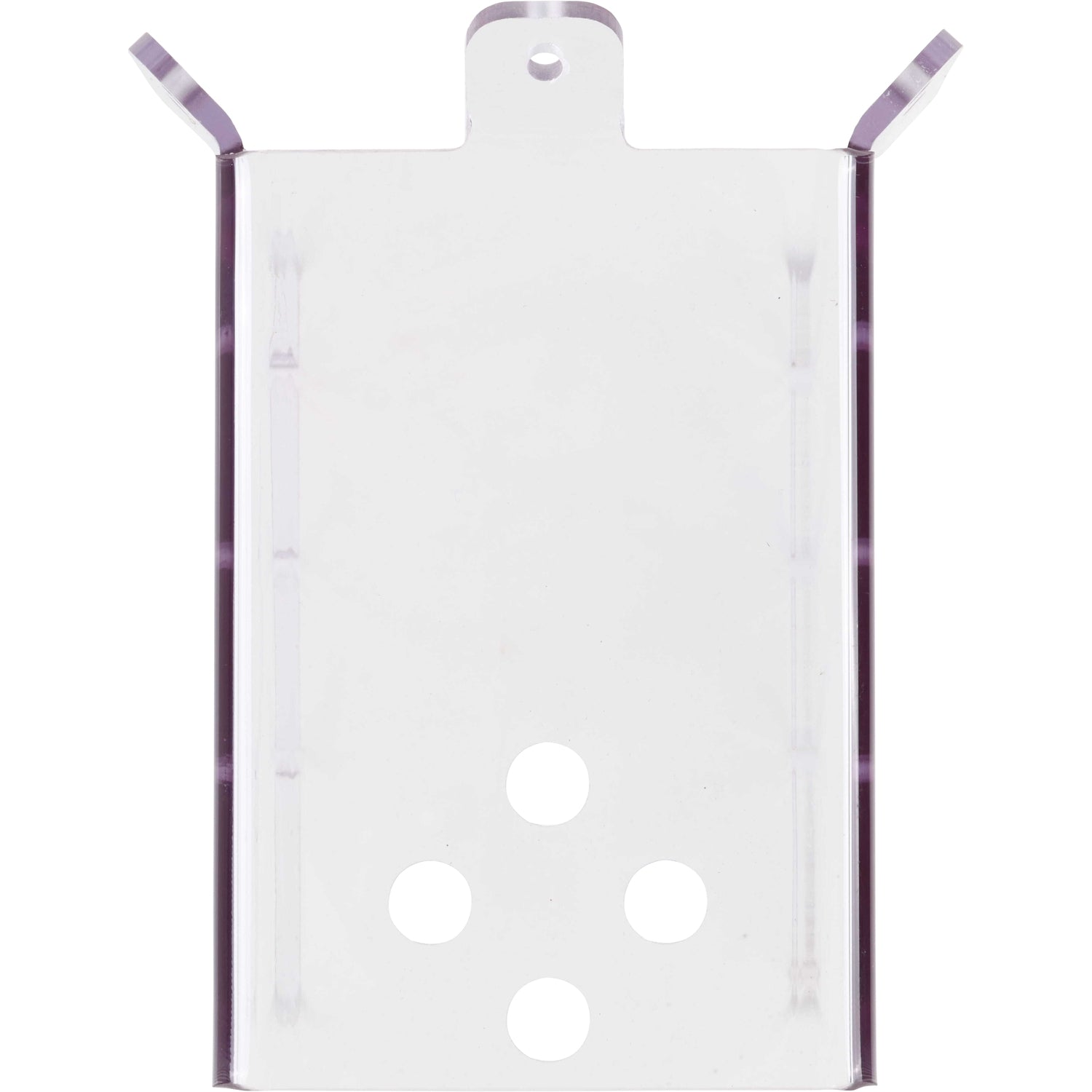 Bent, rectangular, clear polycarbonate part with multiple holes shown on a white background.