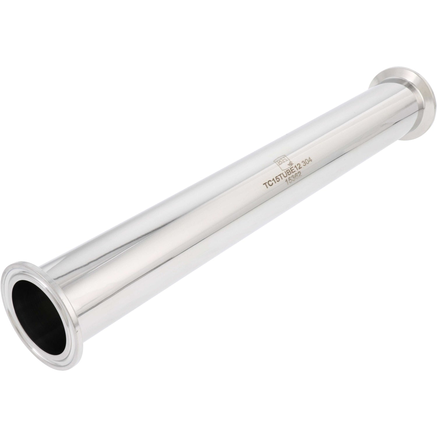 12 inch stainless steel extension tube with 1.5" tri clamp compatible ends shown on white background.