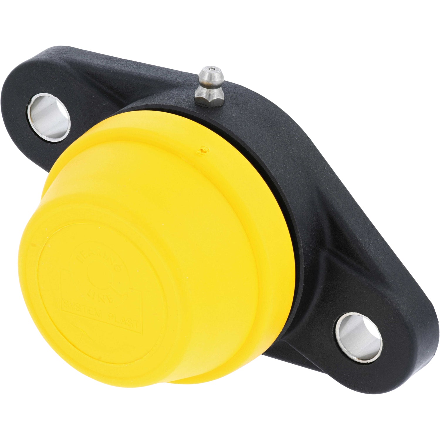 Black pillow block with stainless steel grease zerk and solid yellow  cap on white background.