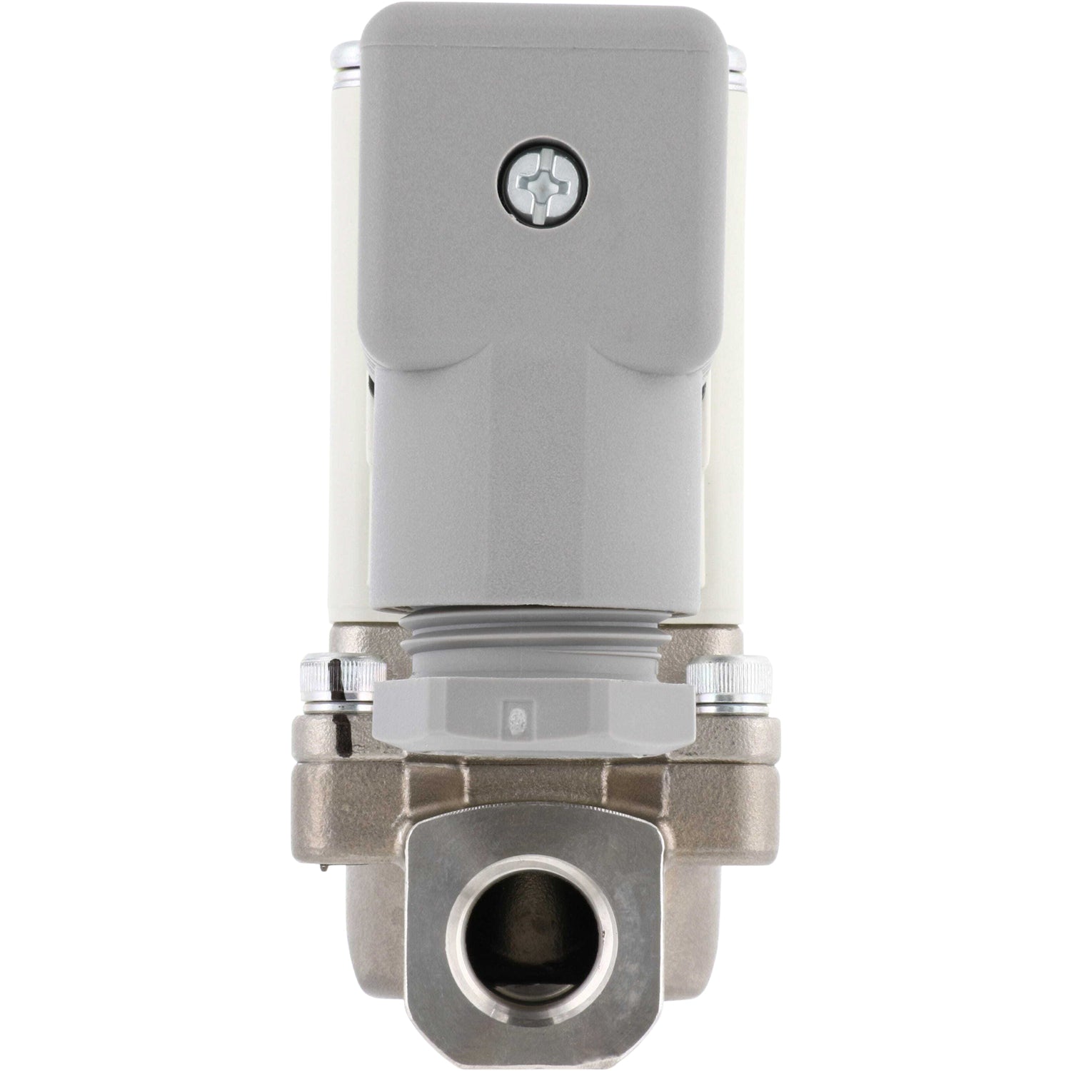 Stainless steel and off white and grey plastic zero differential pressure type pilot operated 2 port solenoid valve on a white background.
