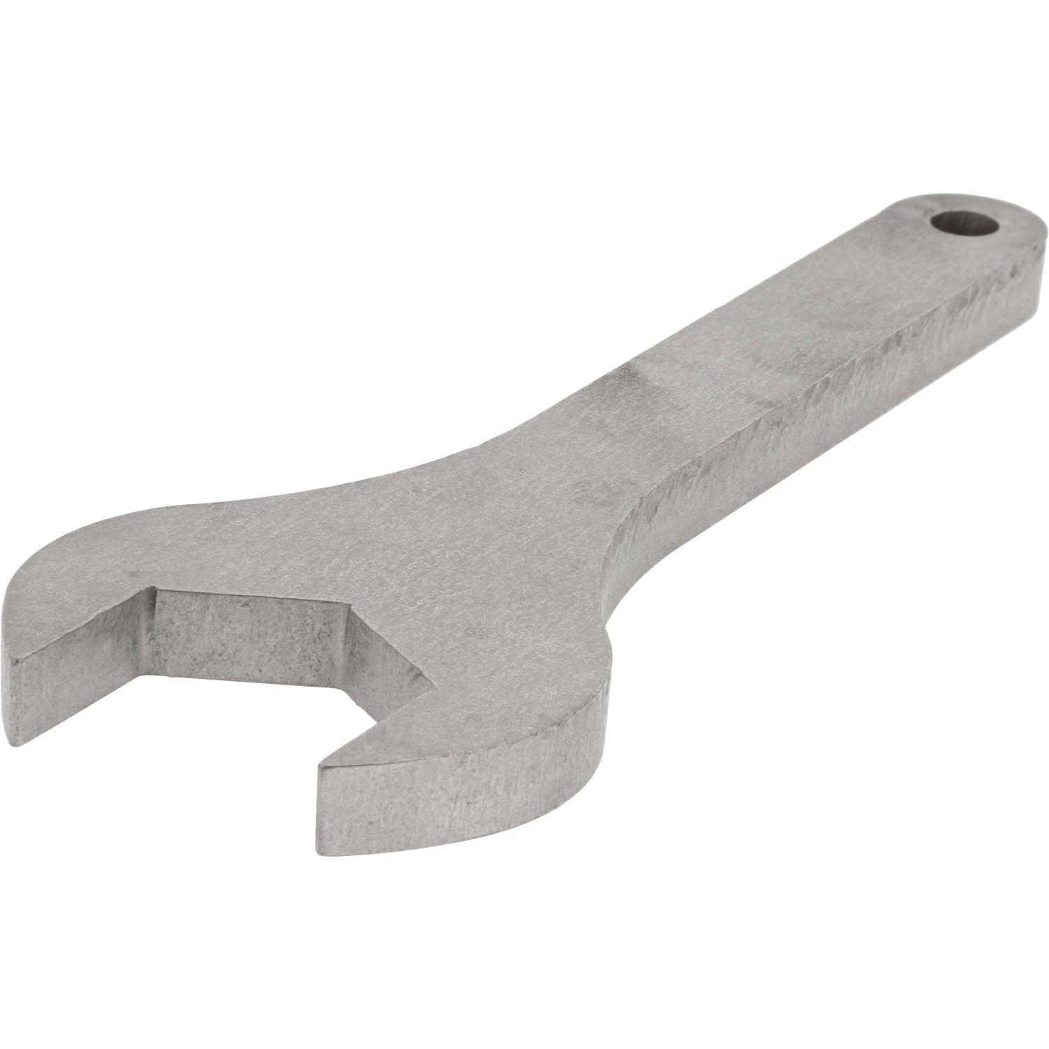 Stainless steel wrench with rounded handle shown on white background.