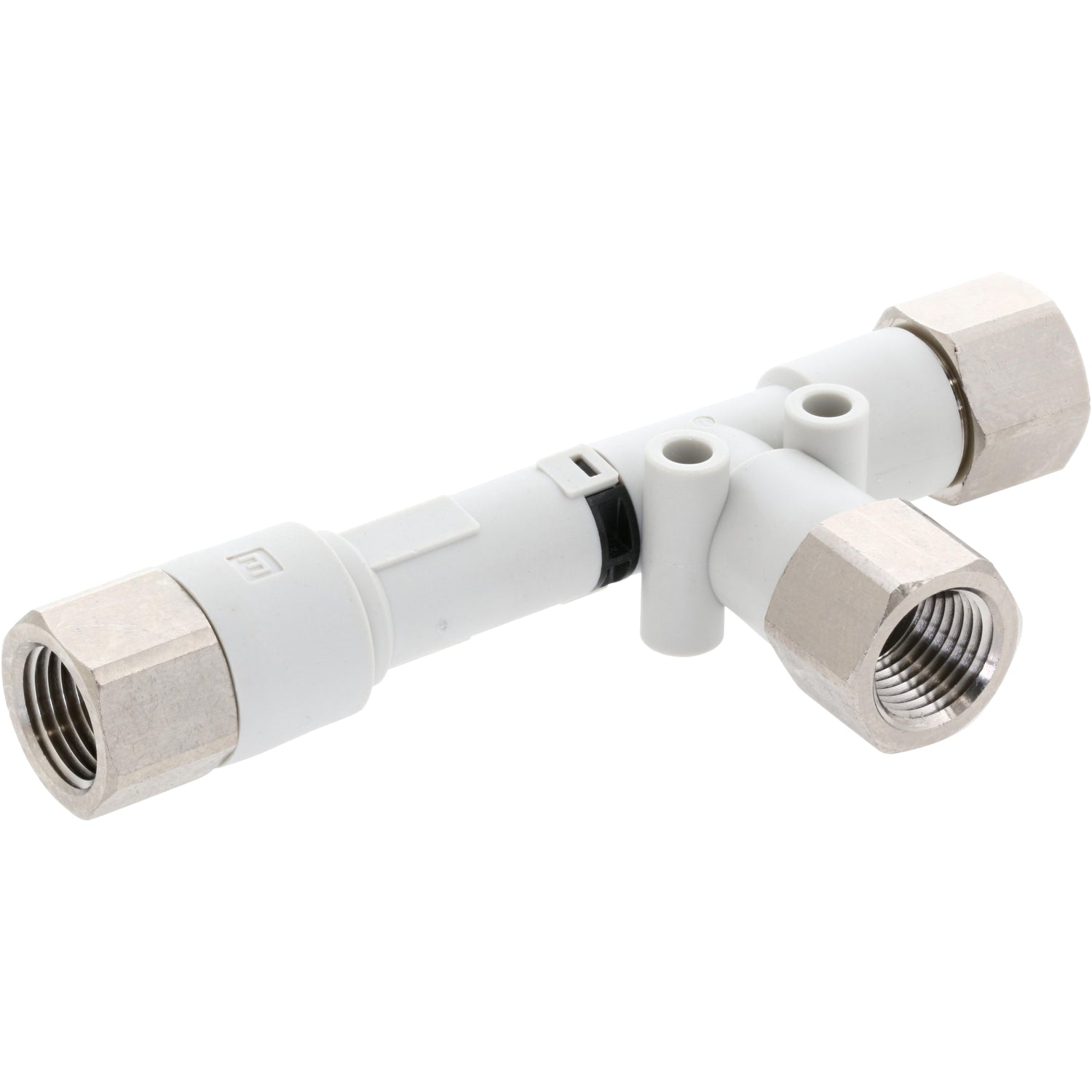 White vacuum ejector/generator with three stainless steel threaded connections. Shown on white background.