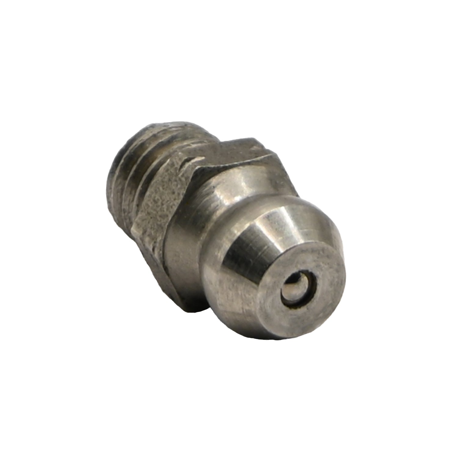 Stainless steel grease zerk fitting on white background.
