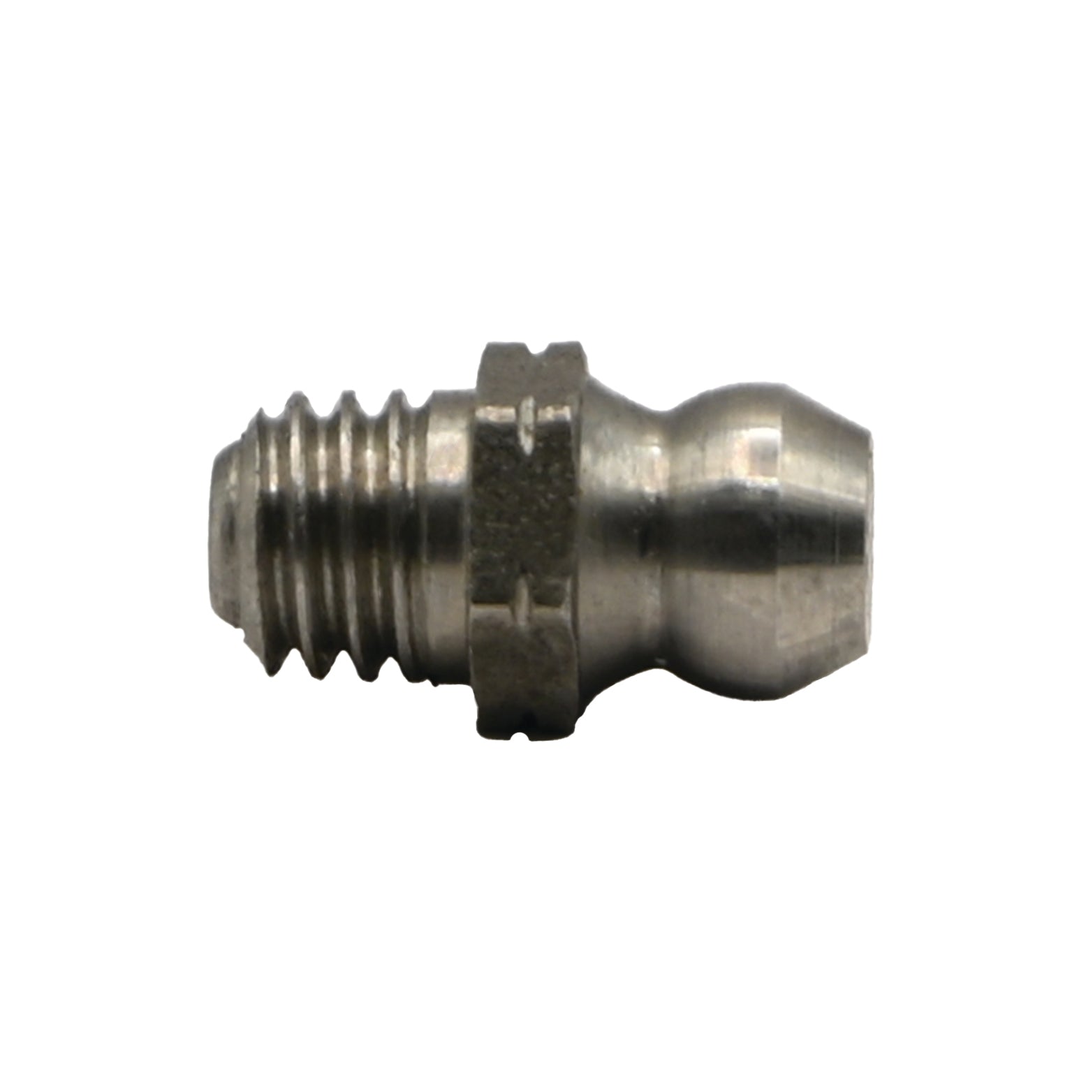 Stainless steel grease zerk fitting on white background.
