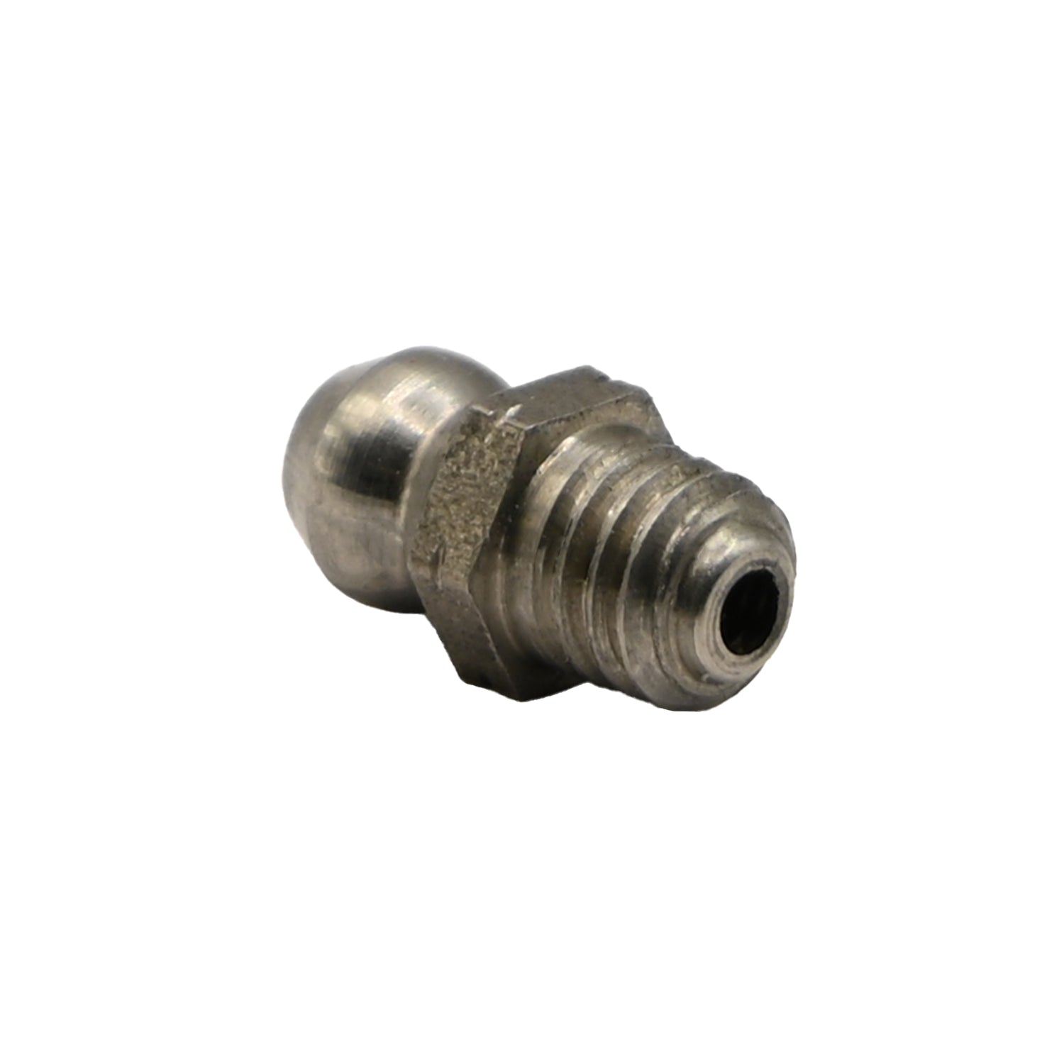 Stainless steel grease zerk fitting on white background.